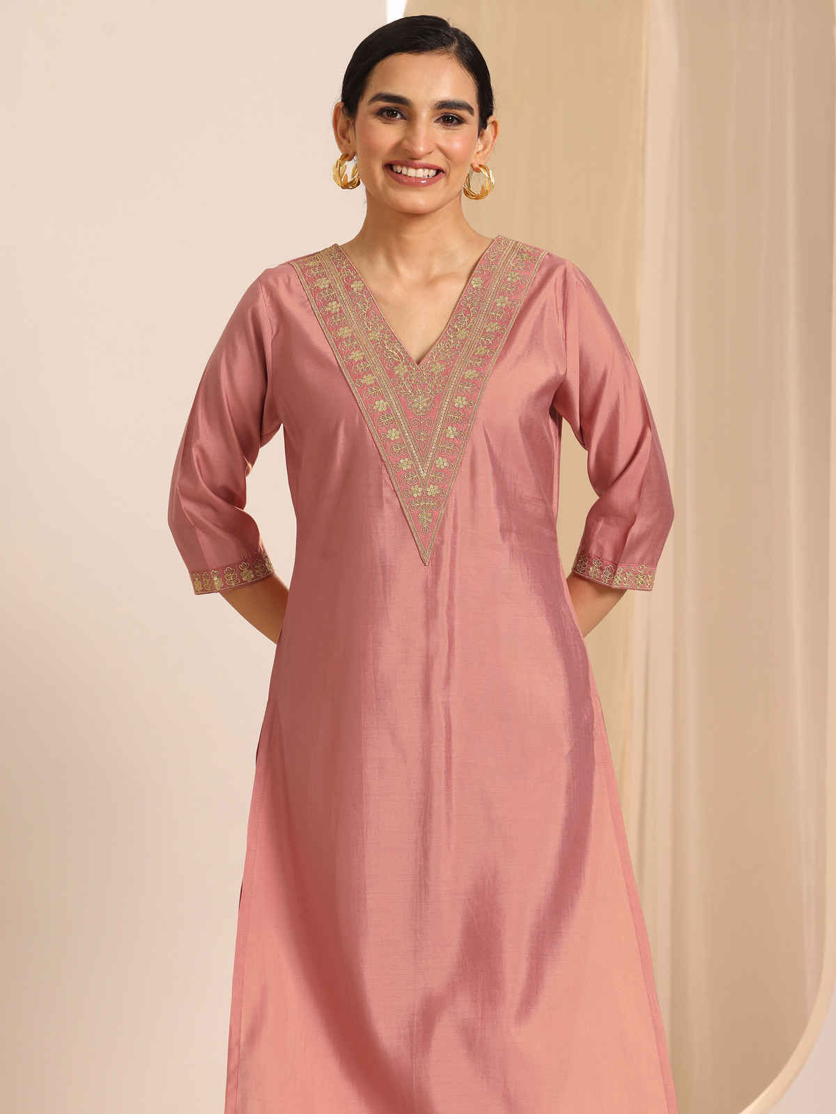 Gerua By Libas Solid Silk Blend Straight Kurta Set | GS1116H | Peach - L