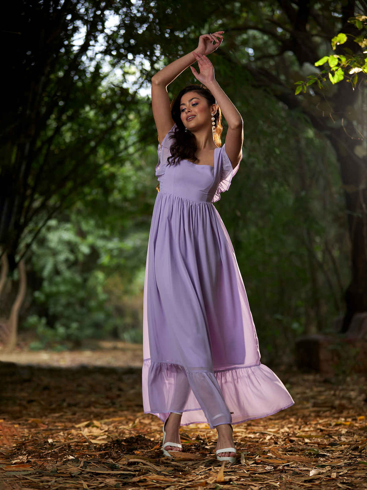 SASSAFRAS Women's Square Neck Frill Hem Maxi Dress | Lavender - XL