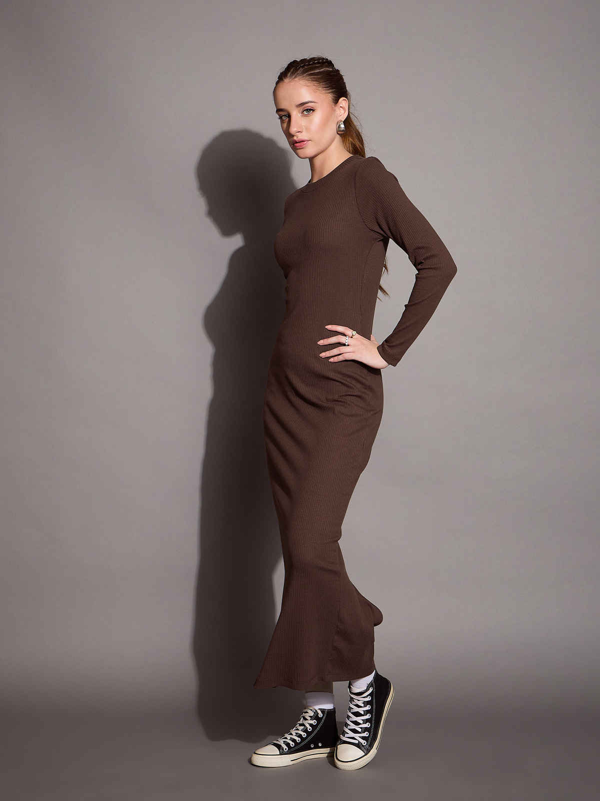 SASSAFRAS BASICS Women's Ribbed Bodycon Maxi Dress | Brown - S