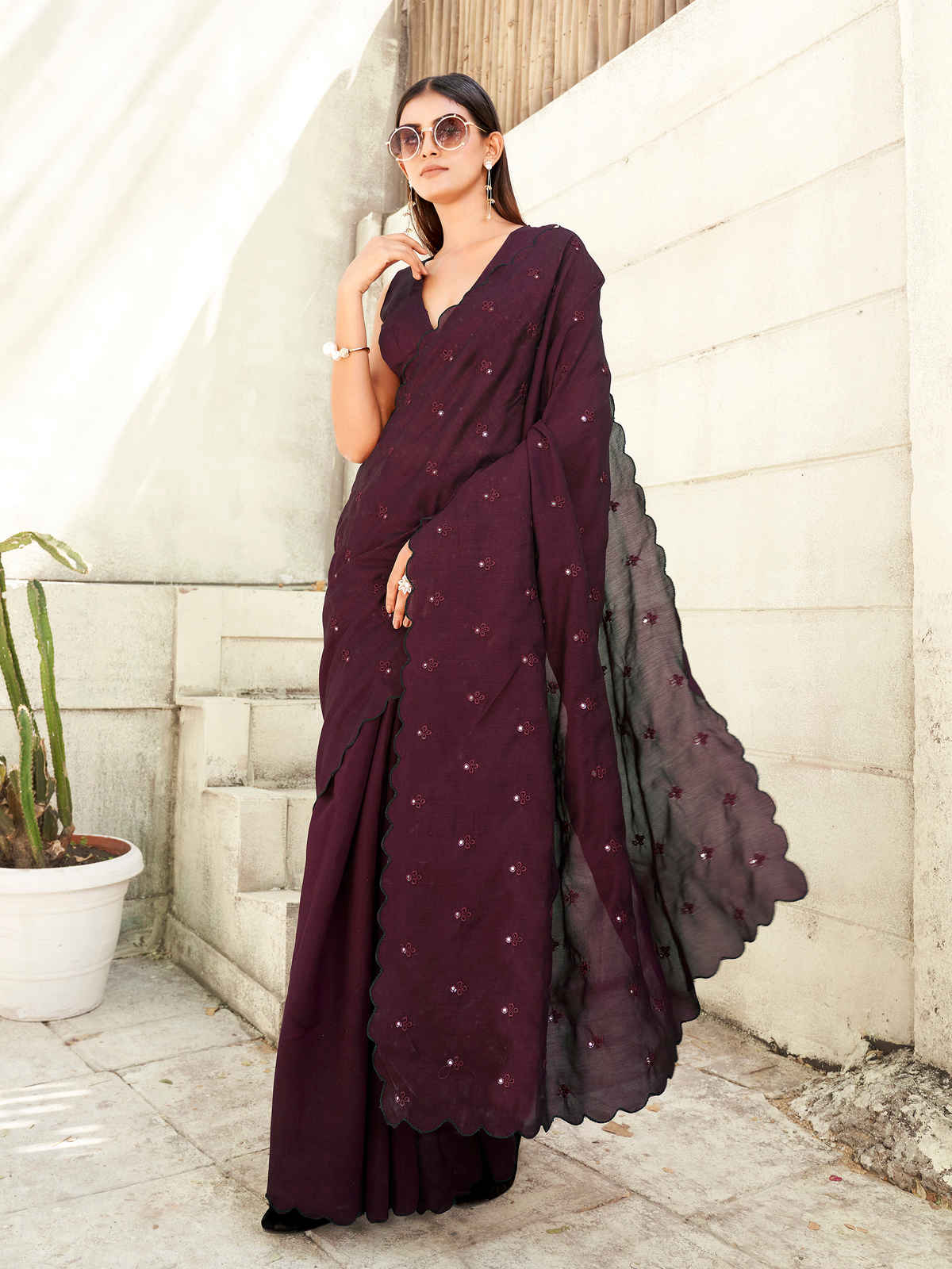 Tikhi Imli Embroidered Saree with Unstitched Blouse | Maroon