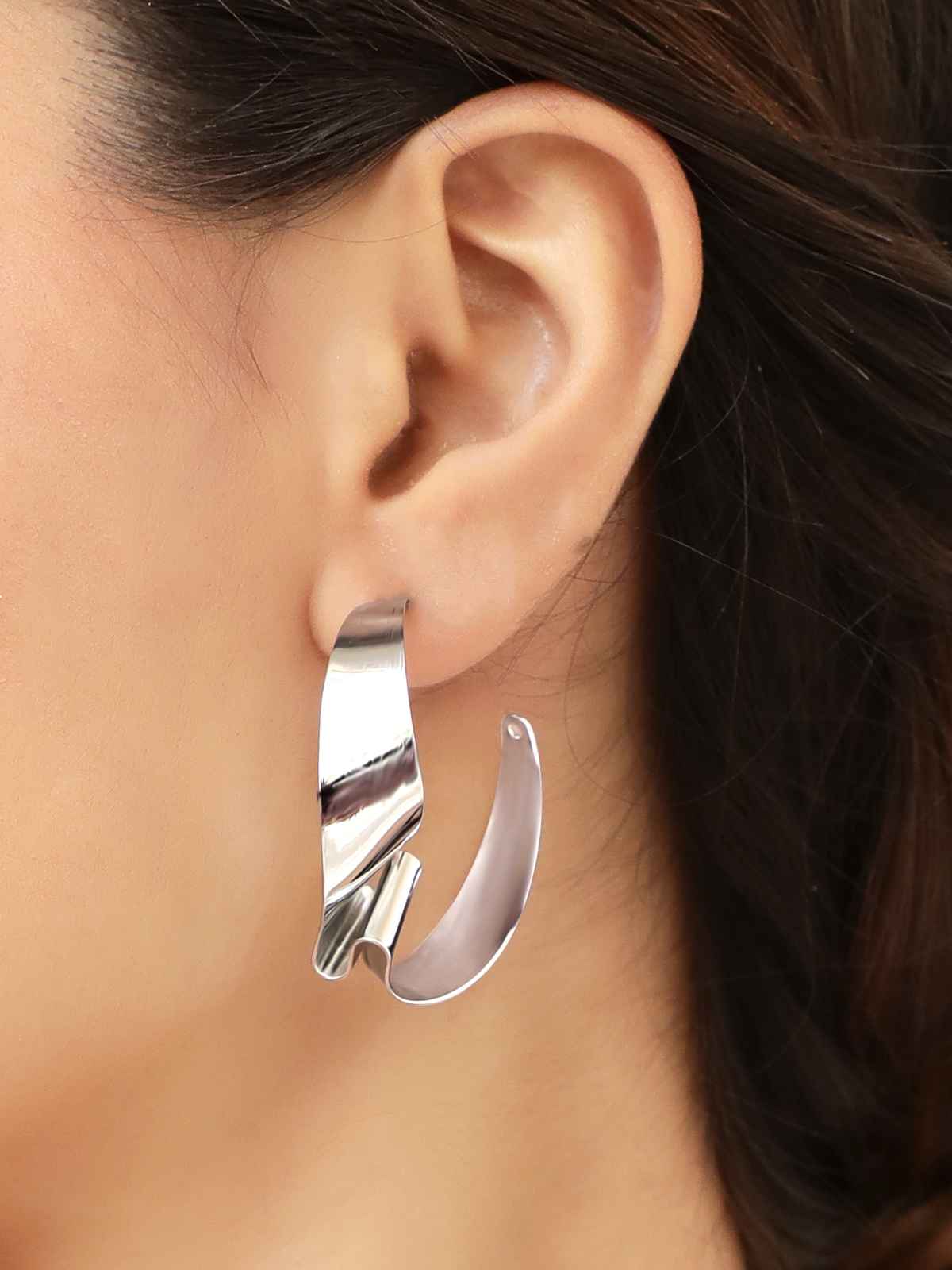 Rubans Silver-Plated Leaf Shaped Half Hoop Earrings