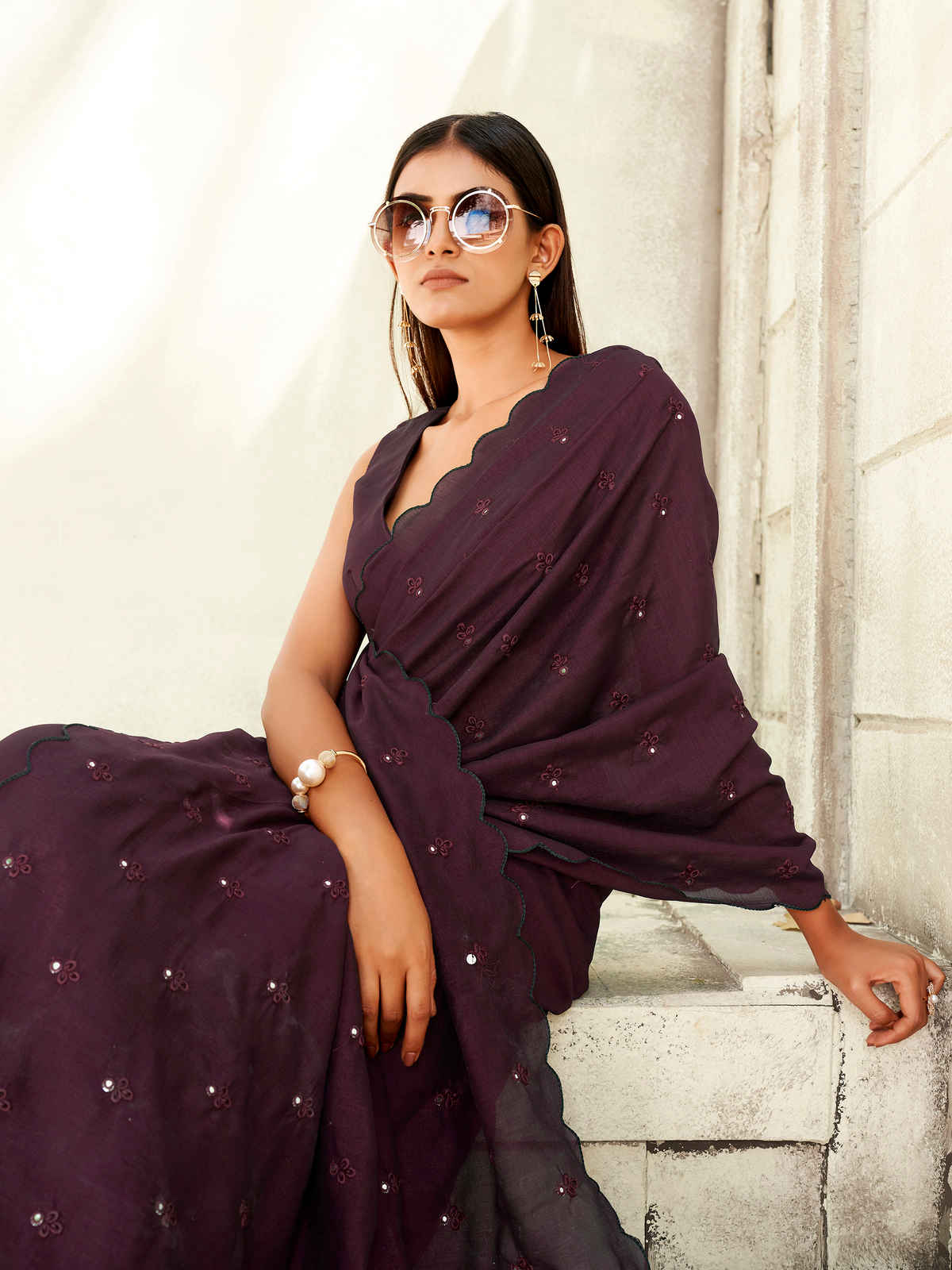 Tikhi Imli Embroidered Saree with Unstitched Blouse | Maroon