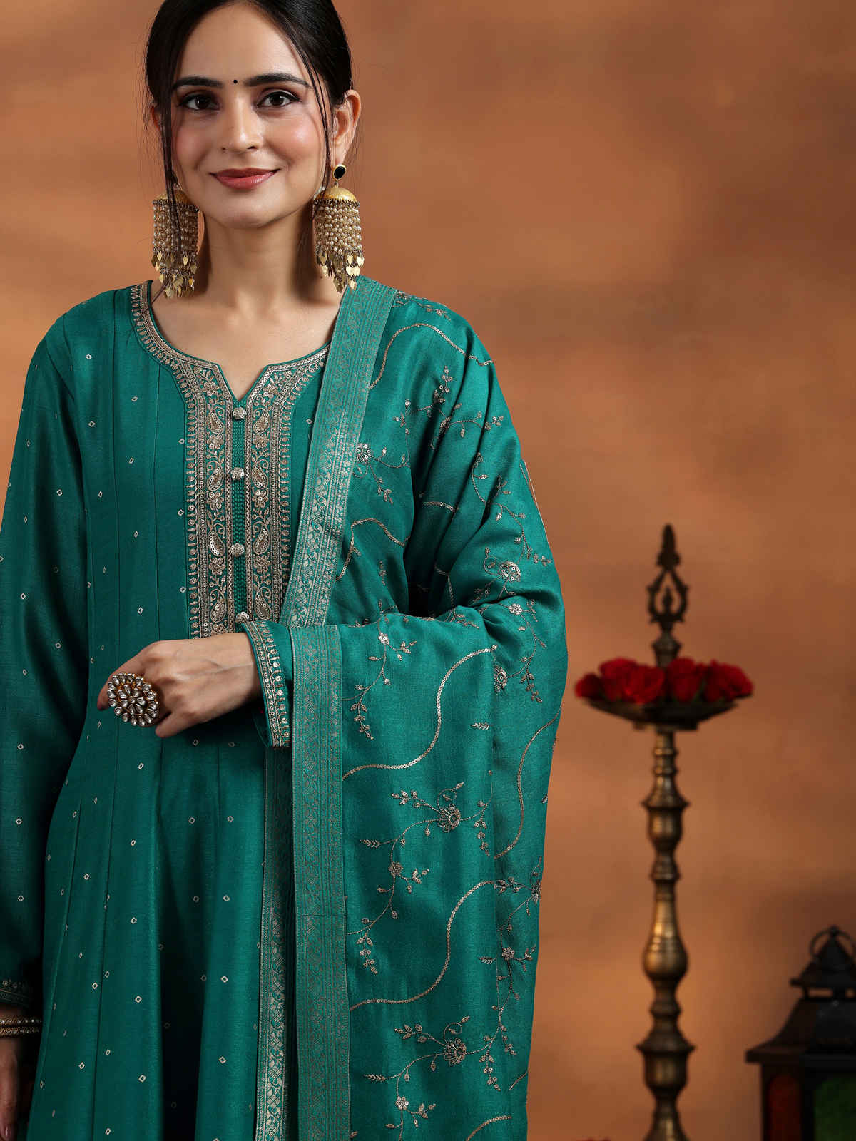 Libas Rama Embroidered Silk Blend Anarkali Suit With Dupatta | 27891H | Green - L