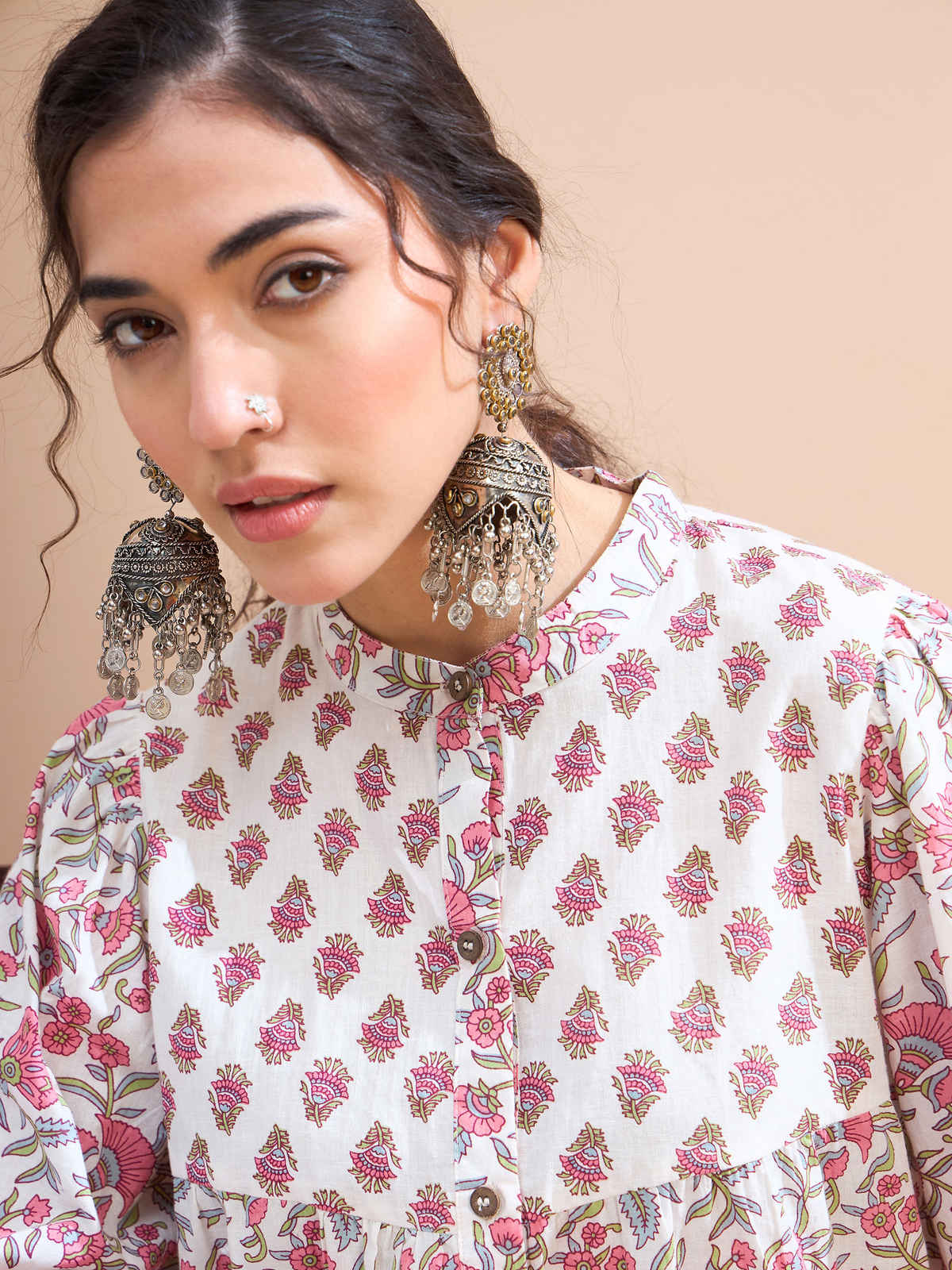 Shae by SASSAFRAS Women's Floral Sleeve Knot Buttoned Kurti | SHTOP42228 | White - L