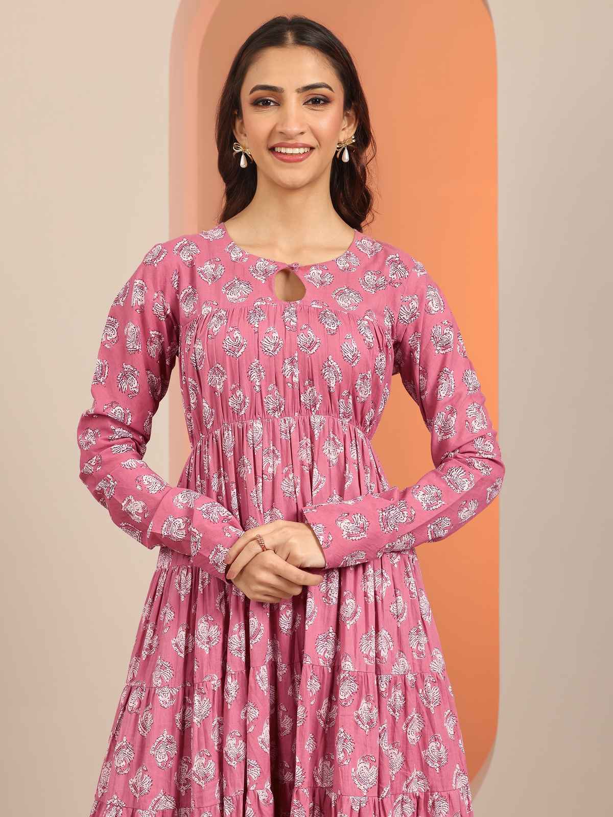 Libas Printed Cotton Anarkali Suit Set With Dupatta | 400501H | Mauve - M