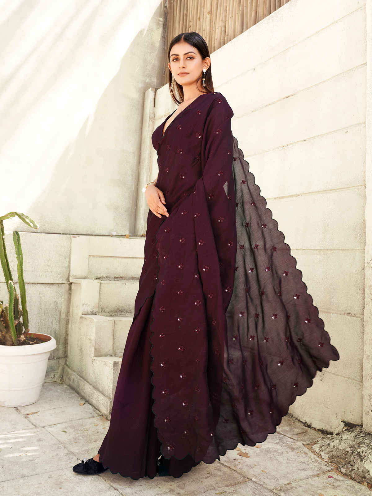 Tikhi Imli Embroidered Saree with Unstitched Blouse | Maroon