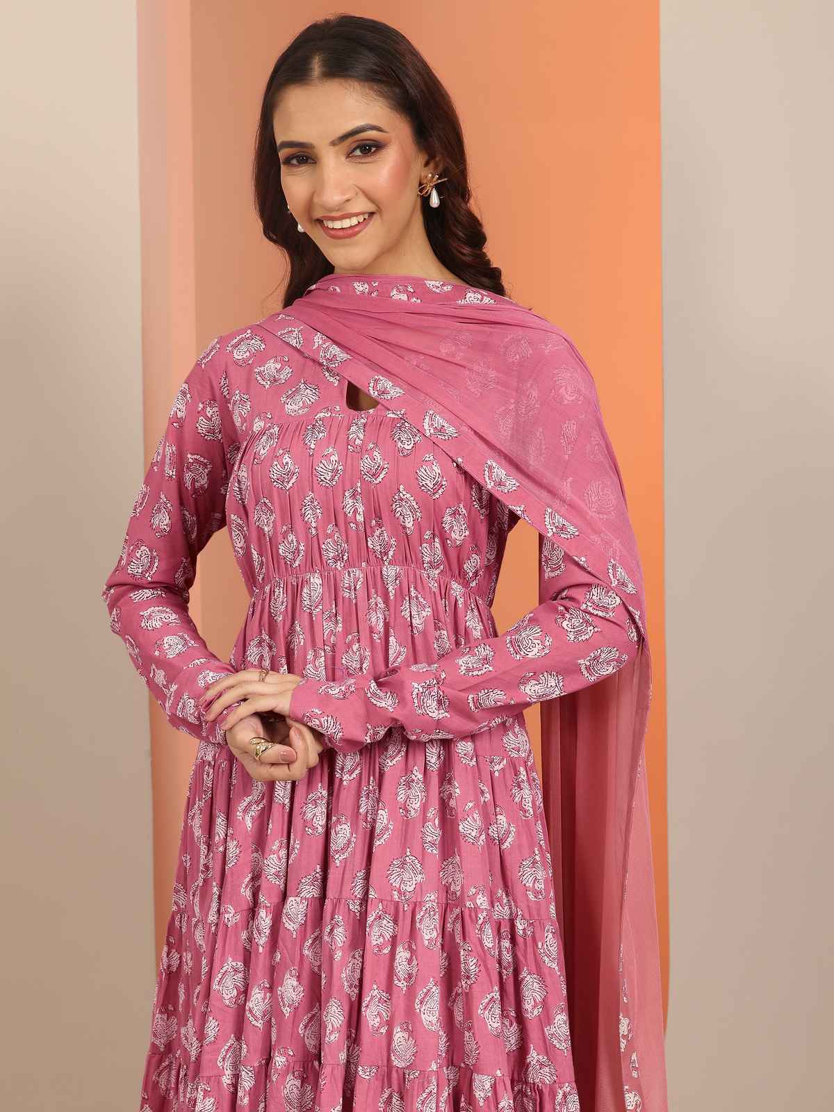 Libas Printed Cotton Anarkali Suit Set With Dupatta | 400501H | Mauve - M
