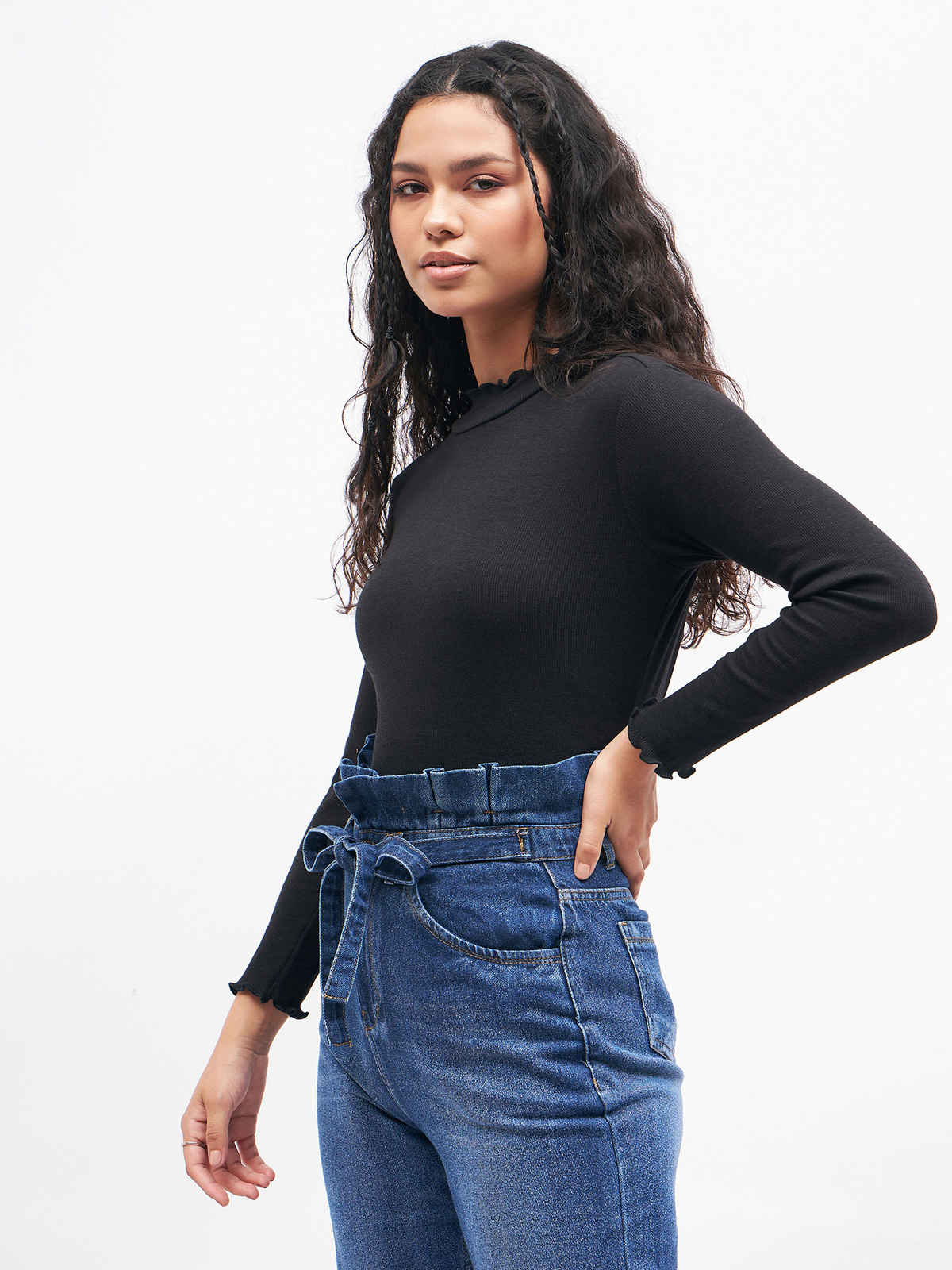 SASSAFRAS Women's Rib High Neck Full Sleeve Top | Black - L