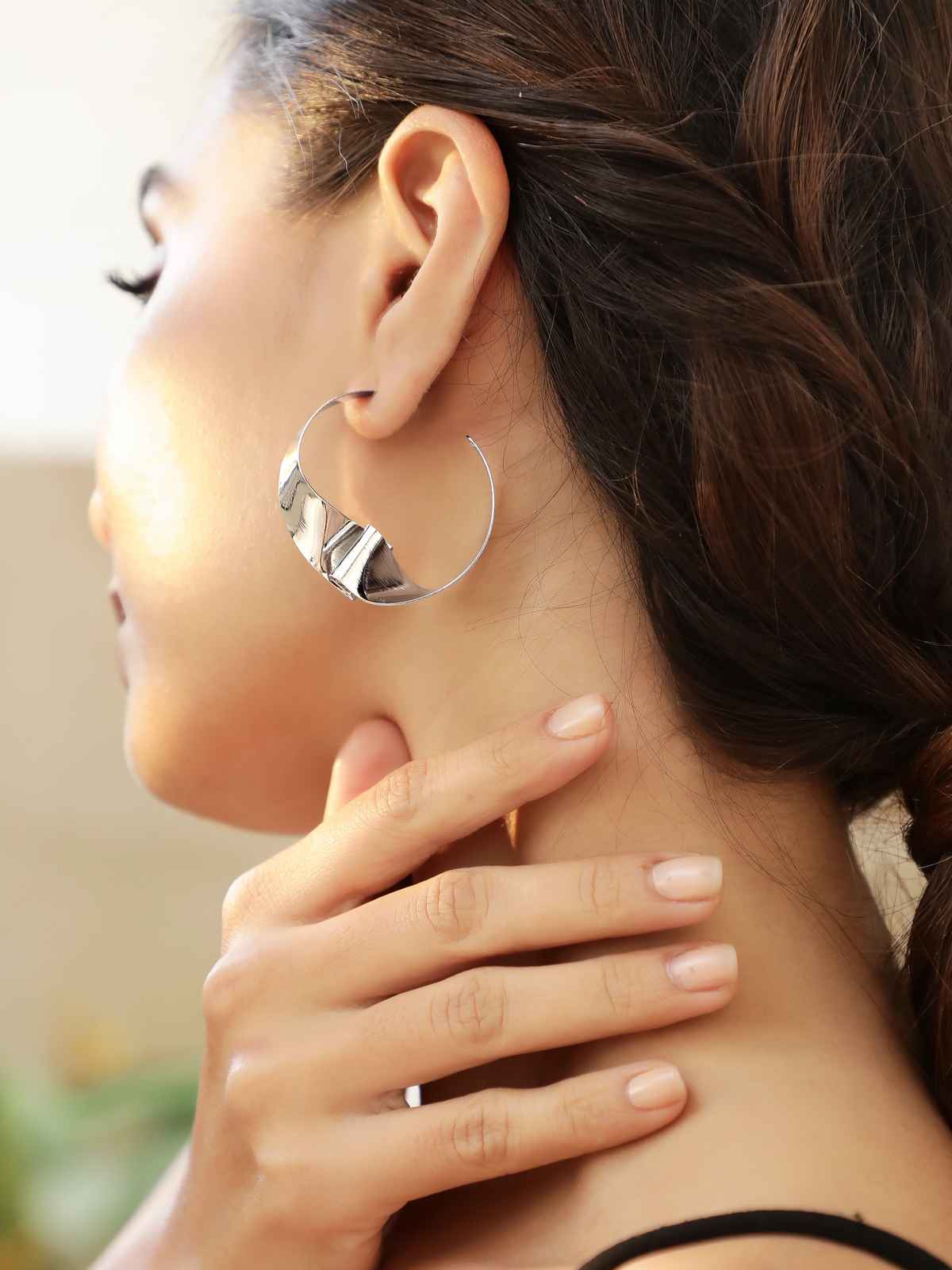 Rubans Silver-Plated Leaf Shaped Half Hoop Earrings