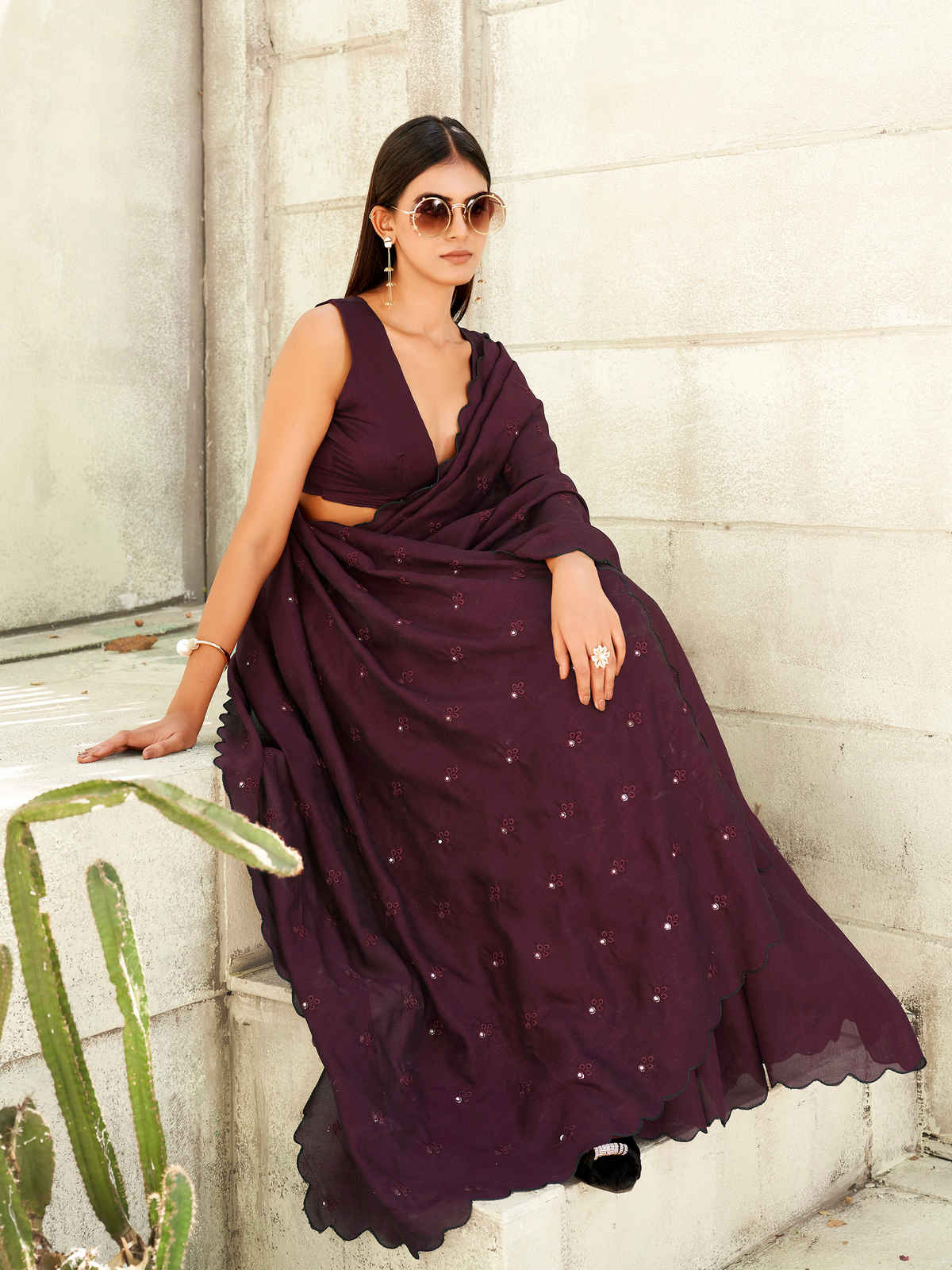Tikhi Imli Embroidered Saree with Unstitched Blouse | Maroon