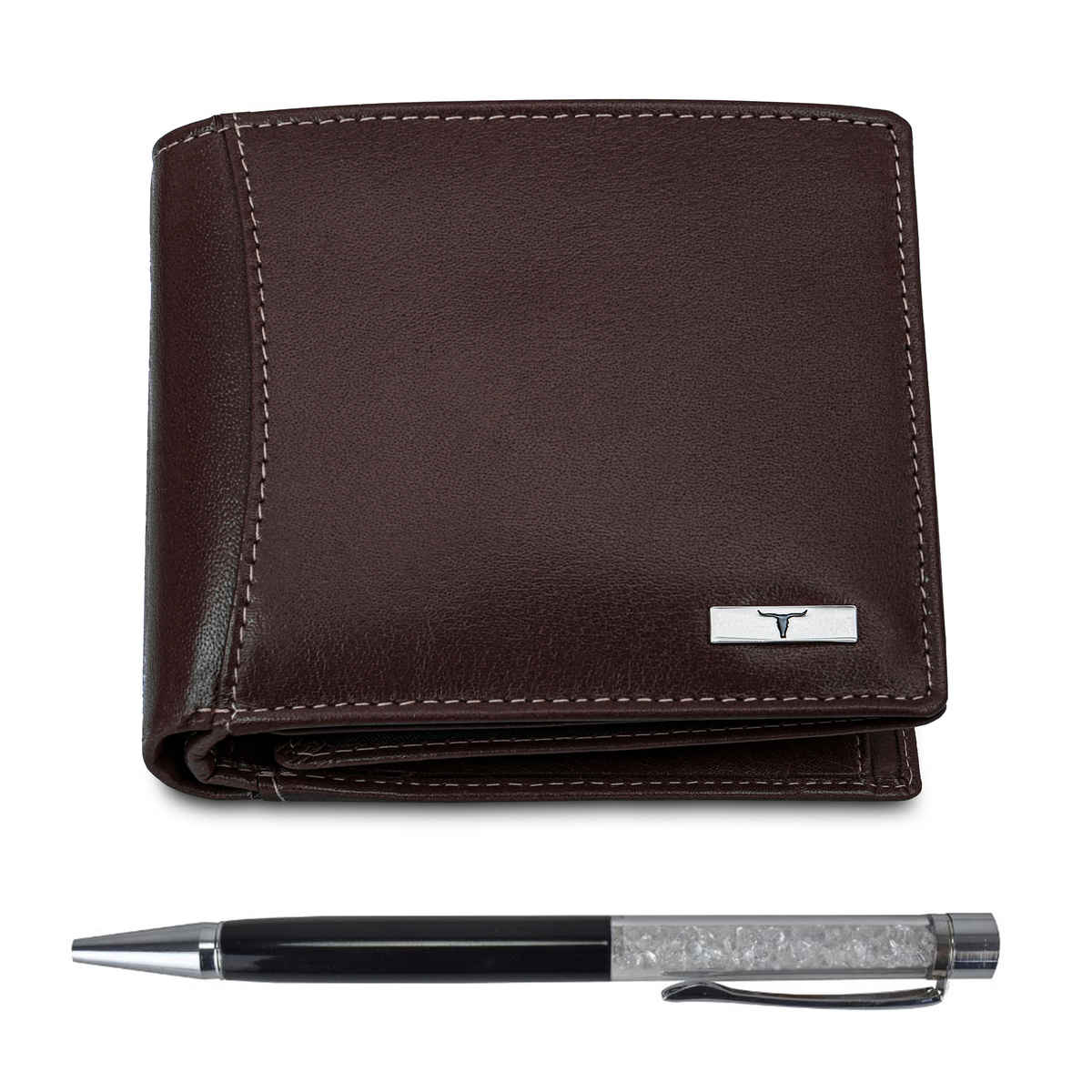 URBAN FOREST Men's Ollin Aniline Leather Wallet & Diamond Pen Combo Gift | Brown