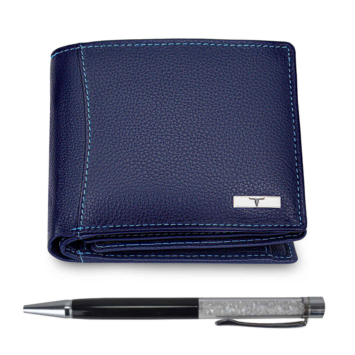 URBAN FOREST Men's Ollin Nappa Leather Wallet & Diamond Pen Combo Gift | Blue