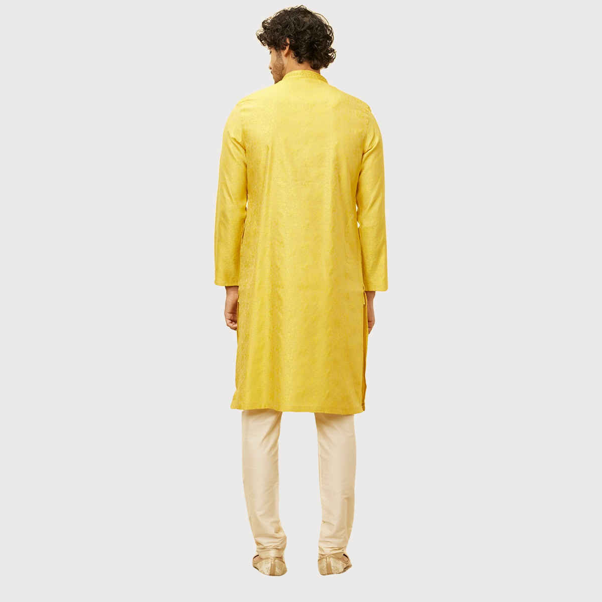 Manyavar Yellow Blended Viscose Self Design Kurta Set | XL