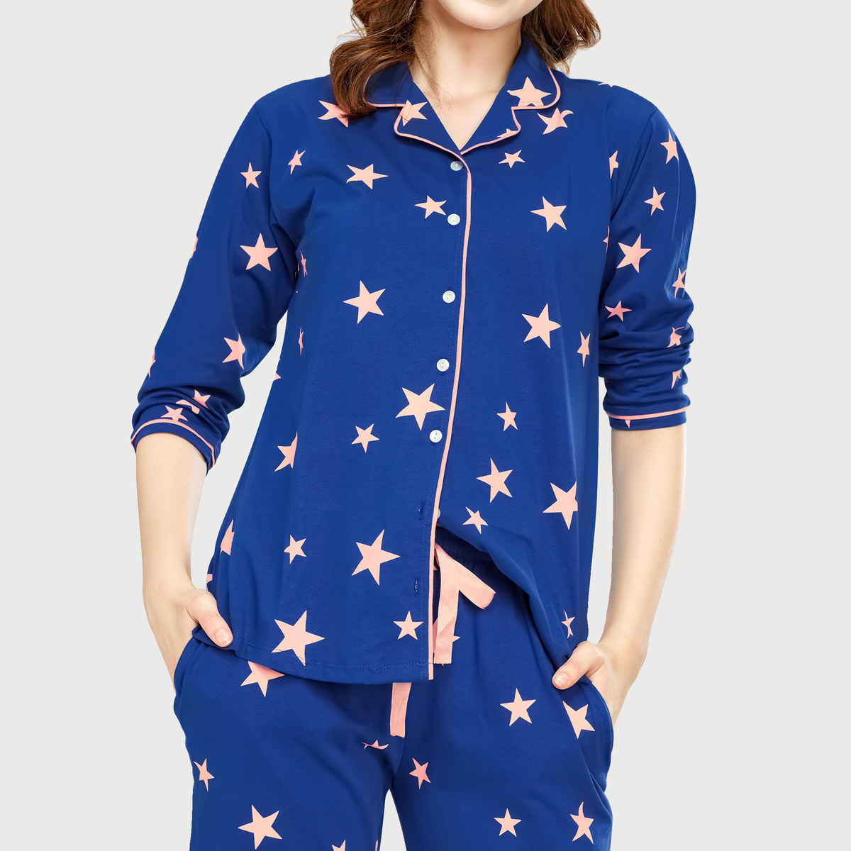 Zeyo Night Suit for Women Blue Star Printed Cotton Night Dress | Shirt & Pajama Set 5762-BE- XL