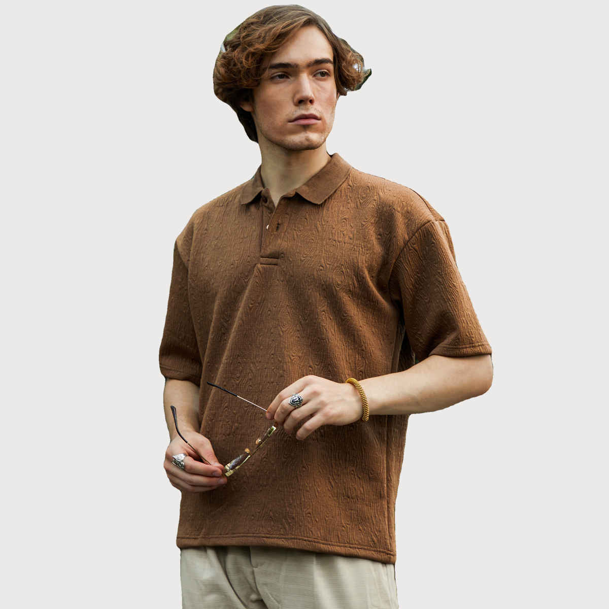 Campus Sutra Men's Ripple - Tactile Polo T-shirt | Chestnut Brown - S