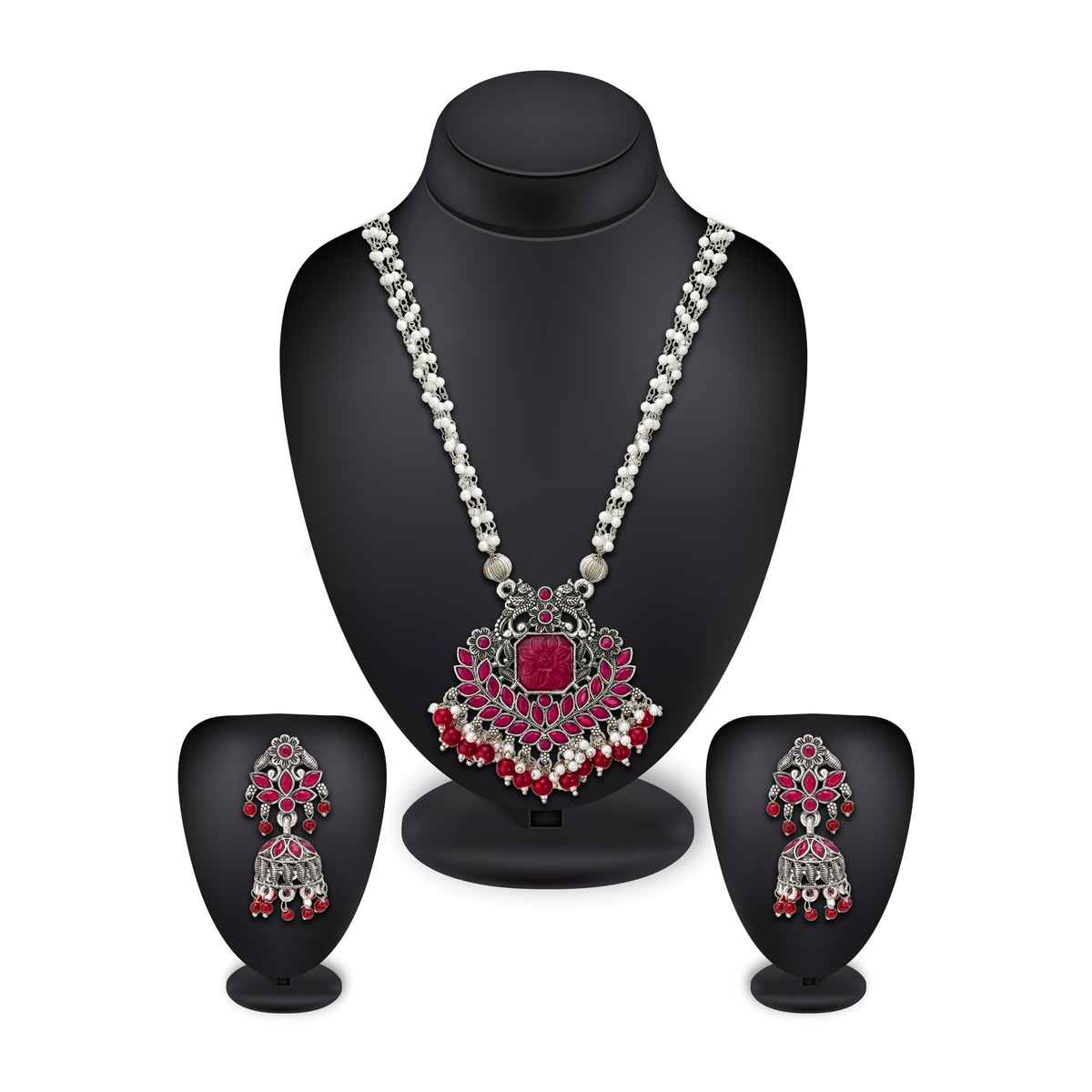 Aadita Oxidized Silver Necklace with Pearl Mala - Antique Boho Tribal Jewelry for Women & Girls