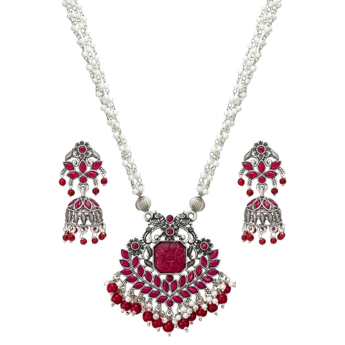 Aadita Oxidized Silver Necklace with Pearl Mala - Antique Boho Tribal Jewelry for Women & Girls