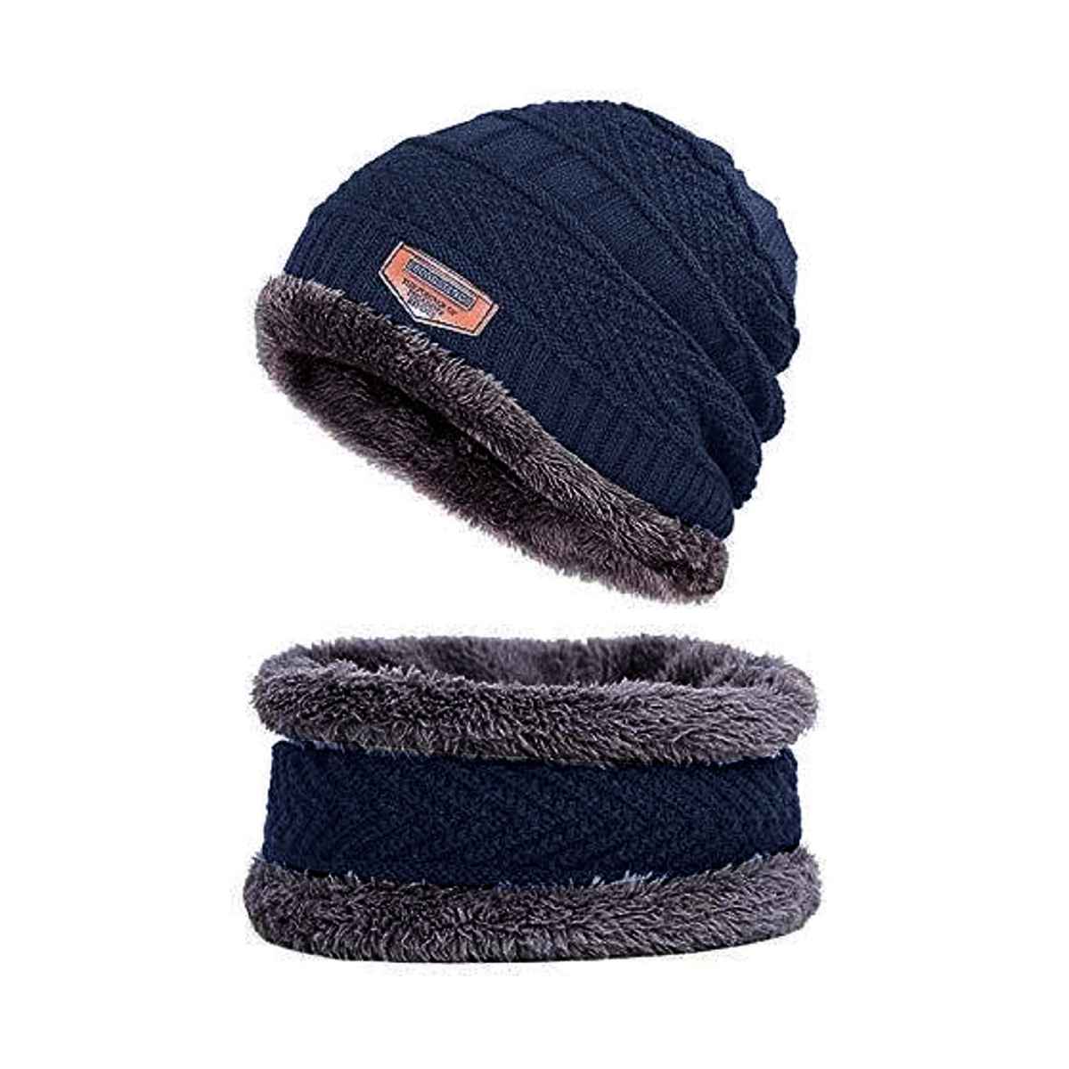 Infispace Winter Woolen Unisex Fur Fleece Lined Beanie Knitted Cap with Neck Warmer | Navy Blue