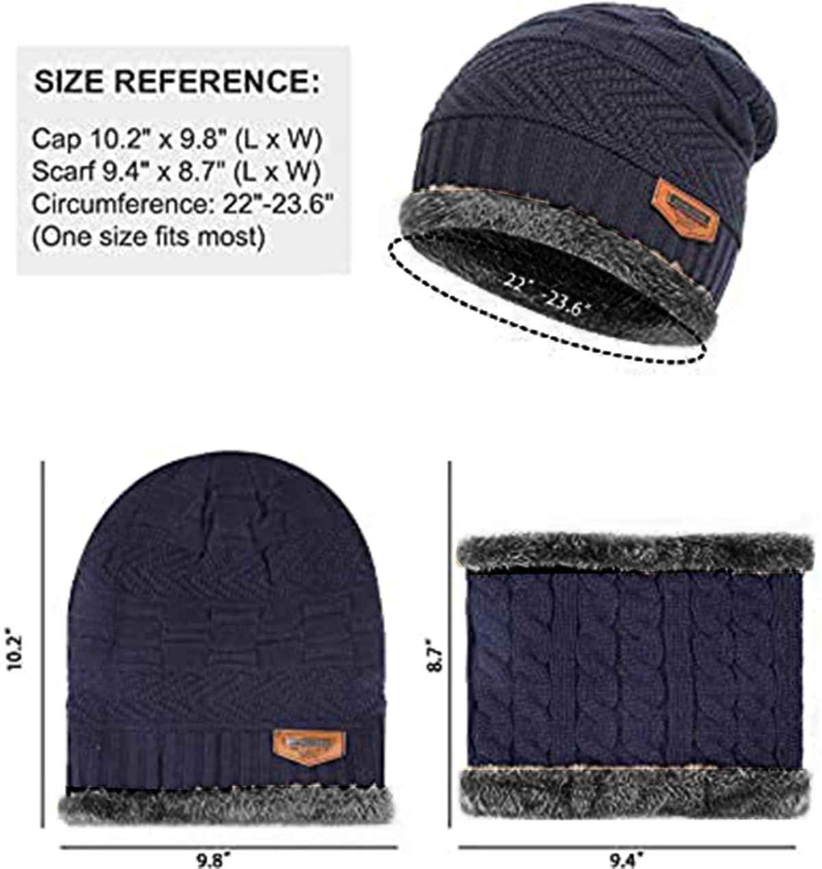 Infispace Winter Woolen Unisex Fur Fleece Lined Beanie Knitted Cap with Neck Warmer | Navy Blue