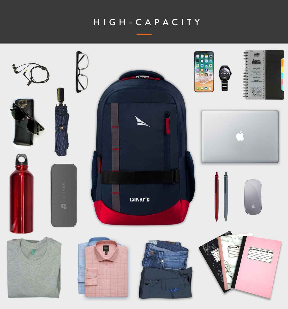 Lunar's Unisex Solid Polyester 48 L Padded Shoulder Strap Laptop Backpack | Dark Blue - 15.6 Inches