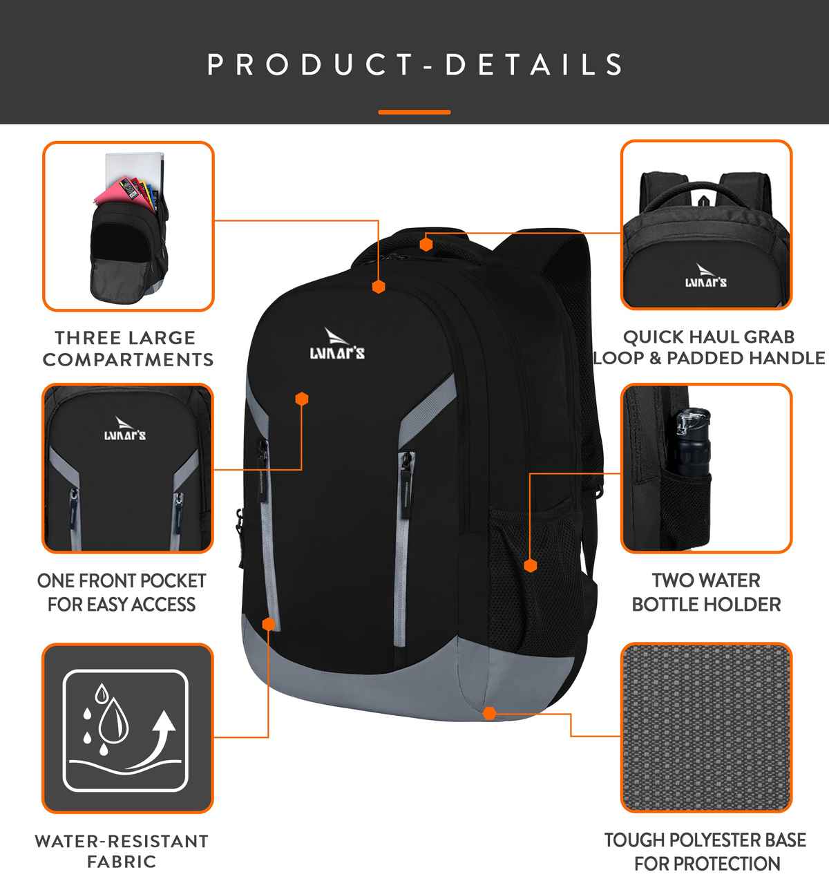 Lunar's Unisex Polyester 48 L Laptop Backpack | Black and Grey