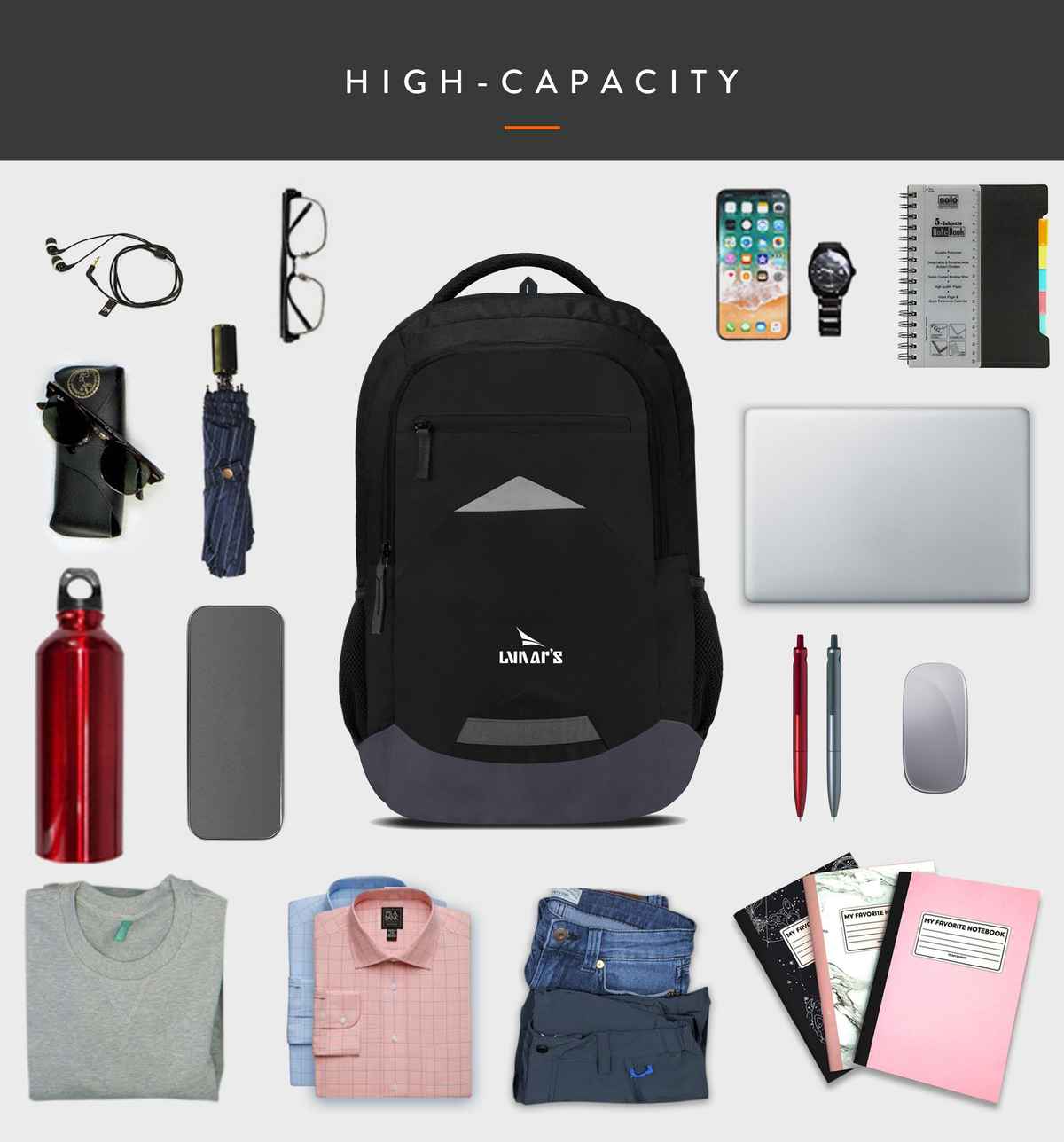 Lunar's Unisex Solid Polyester 48 L Laptop Backpack | Black