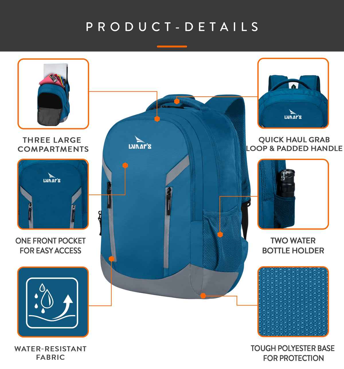 Lunar's Unisex Polyester 48 L Padded Grab Handle Laptop Backpack | Blue and Grey