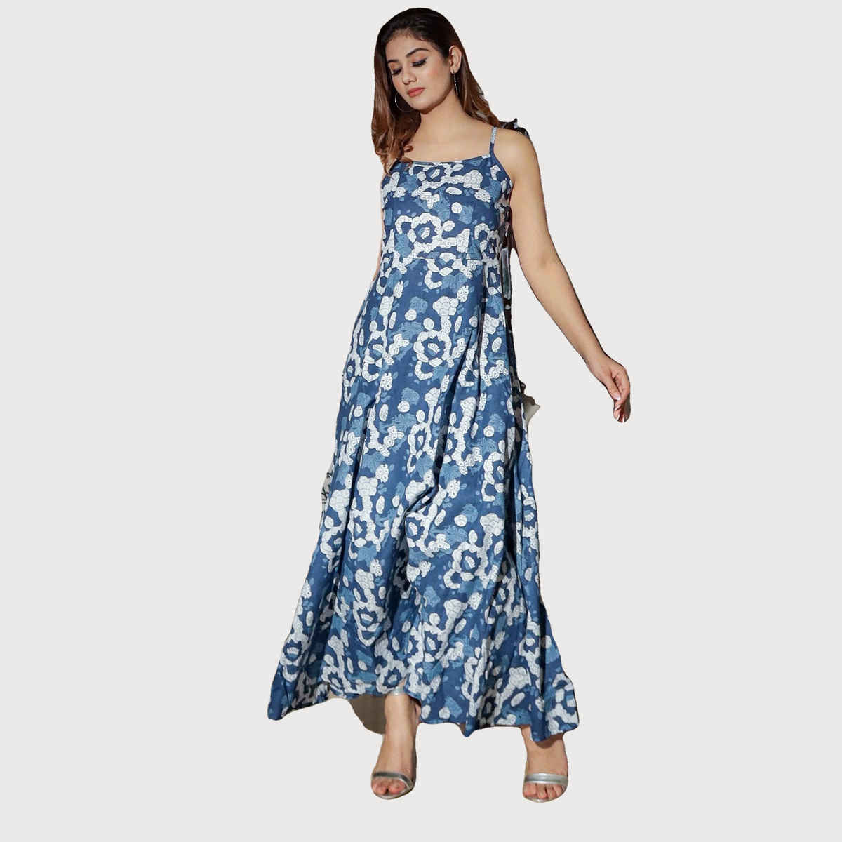 Divena Women s Indigo Print Cotton Long Dress | DK0593 | M