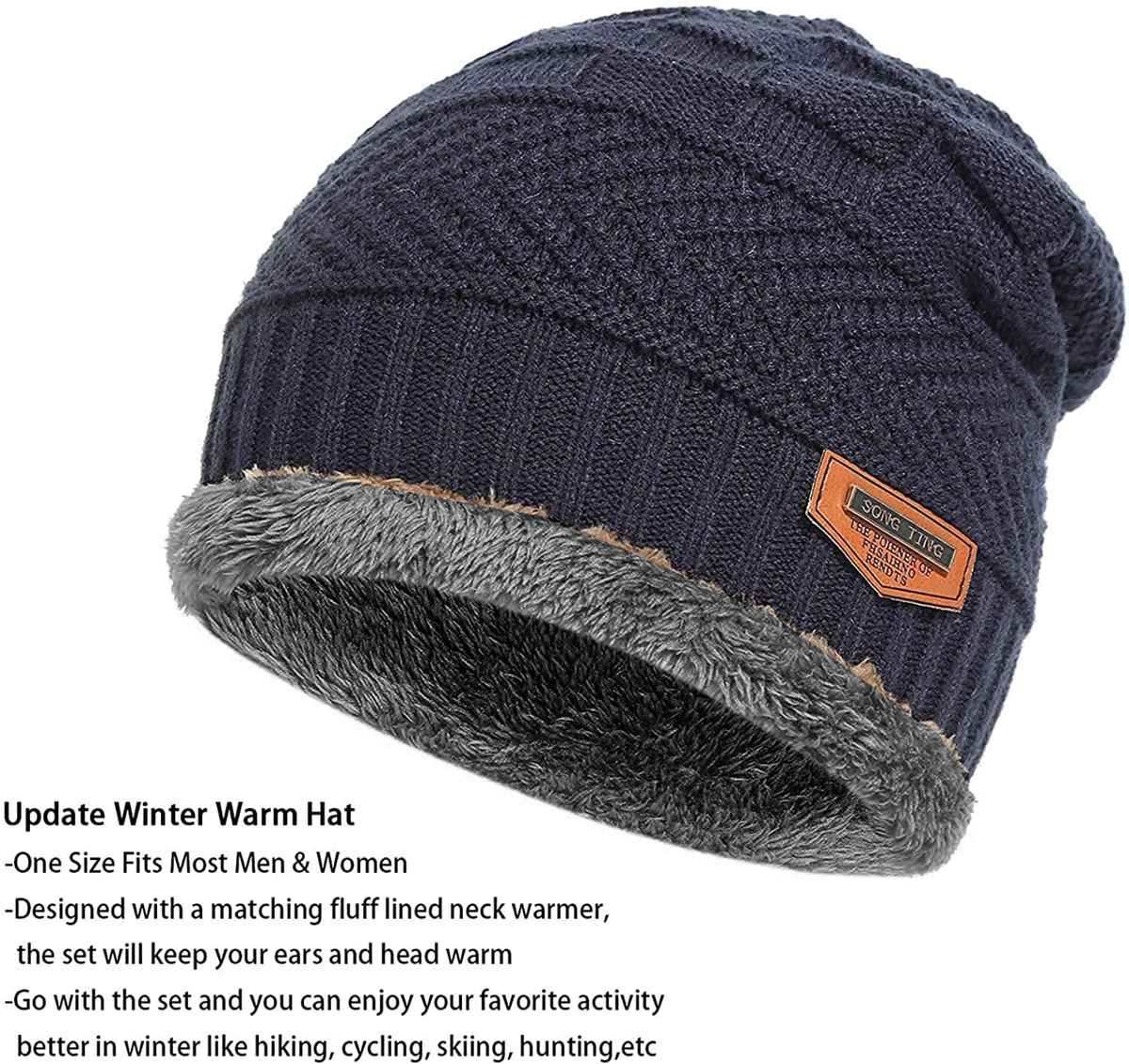 Infispace Winter Woolen Unisex Fur Fleece Lined Beanie Knitted Cap with Neck Warmer | Navy Blue