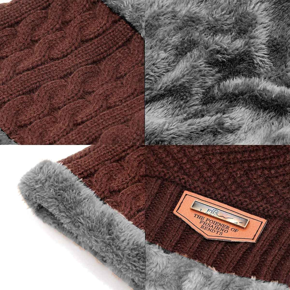 Infispace Unisex Fur Fleece Lined Beanie Knitted Cap with Neck Warmer | Brown
