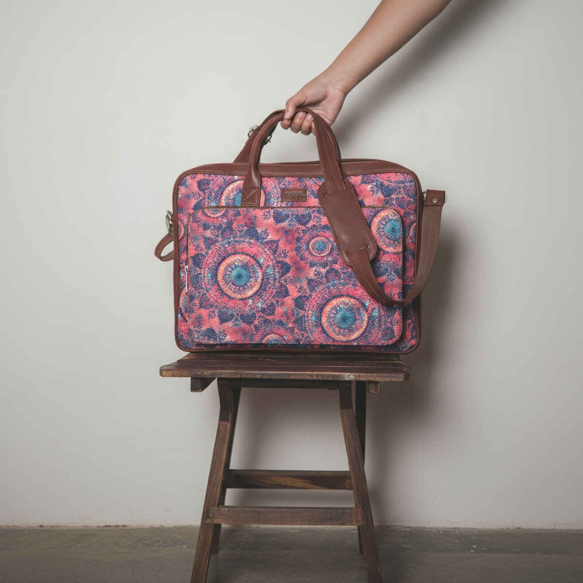 Zouk Women's Graphic Vegan Leather and Handcrafted Fabric 5.4 L Laptop Bag | Pink - 15.6 Inches