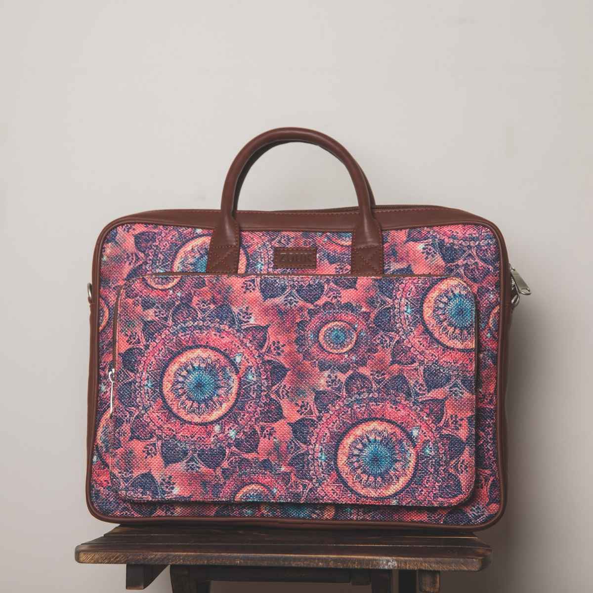 Zouk Women's Graphic Vegan Leather and Handcrafted Fabric 5.4 L Laptop Bag | Pink - 15.6 Inches