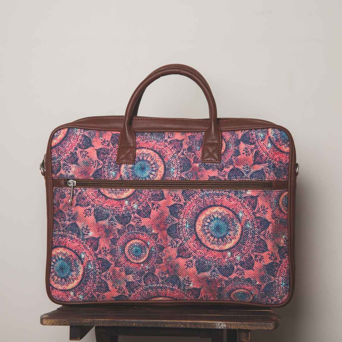 Zouk Women's Graphic Vegan Leather and Handcrafted Fabric 5.4 L Laptop Bag | Pink - 15.6 Inches