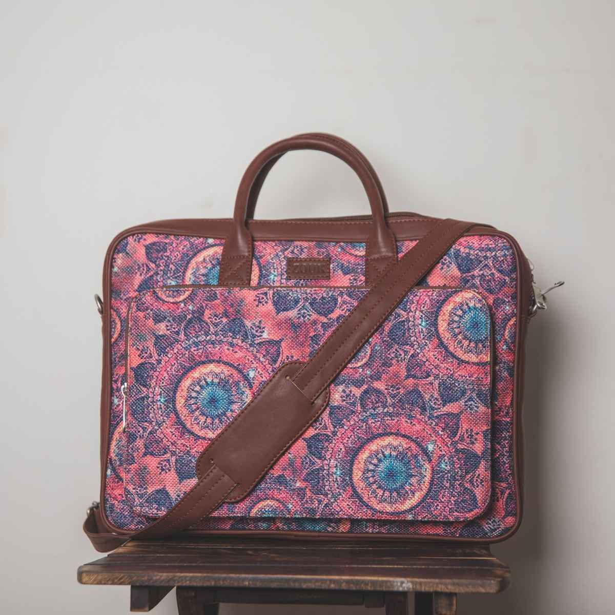 Zouk Women's Graphic Vegan Leather and Handcrafted Fabric 5.4 L Laptop Bag | Pink - 15.6 Inches
