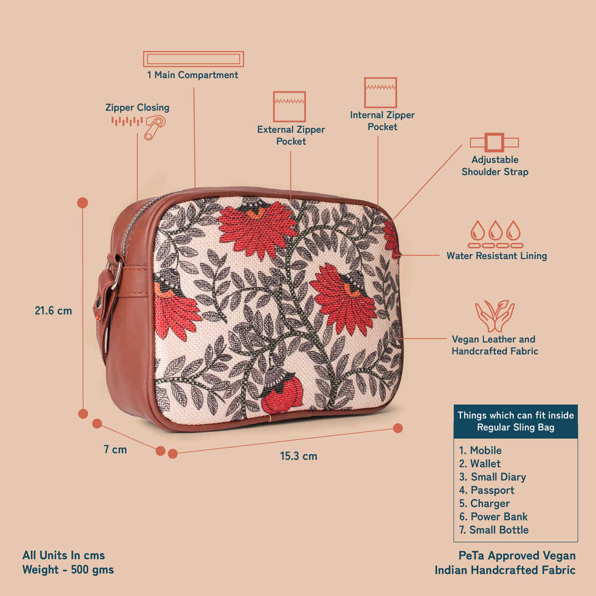 Zouk Women'S Floral Vegan Leather And Handcrafted Fabric 2.4 L Sling Bag  (1pc) & Labelshe Silver Plated Crystal Studded Solitaire Adjustable Finger Ring (1pc) Combo