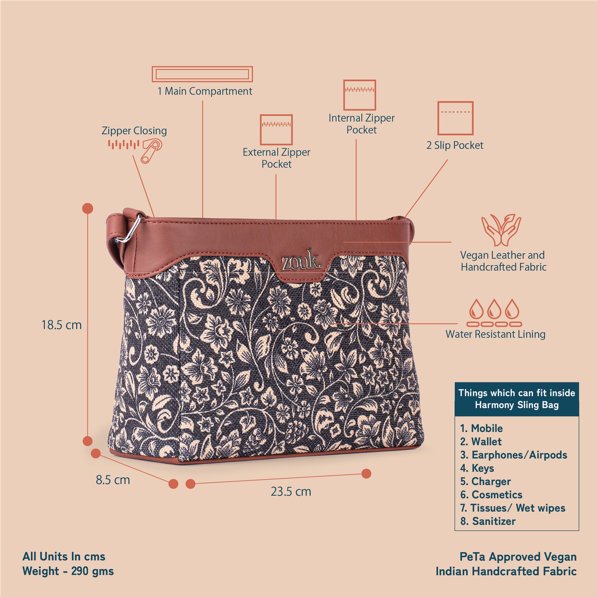 Zouk Women'S Floral Vegan Leather And Handcrafted Fabric 3.69 L Sling Bag  - One Size (1pc) & Giva Silver Zircon Layered Ring (1pc) Combo