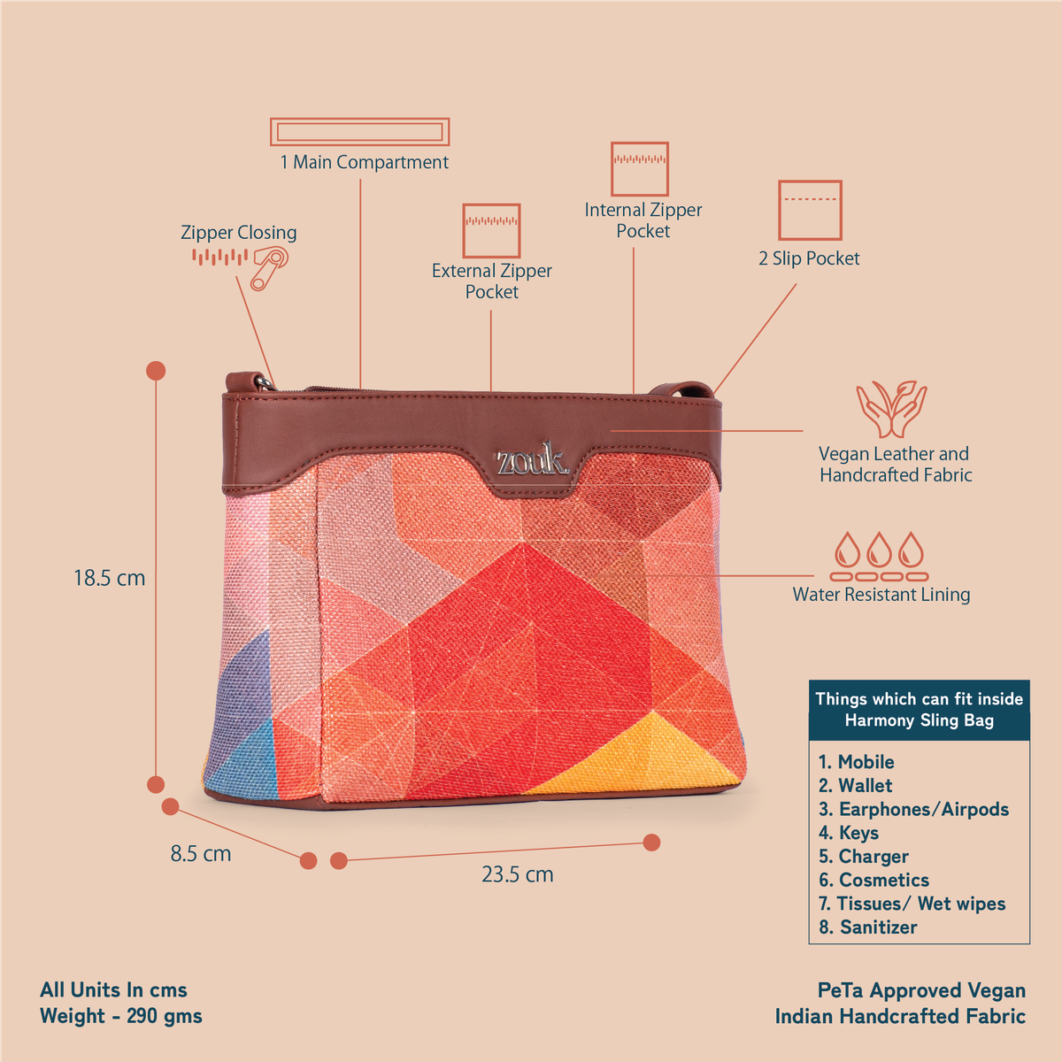 Zouk Women's Geometric Faux Leather 3.6 L Sling Bag | Assorted | One Size