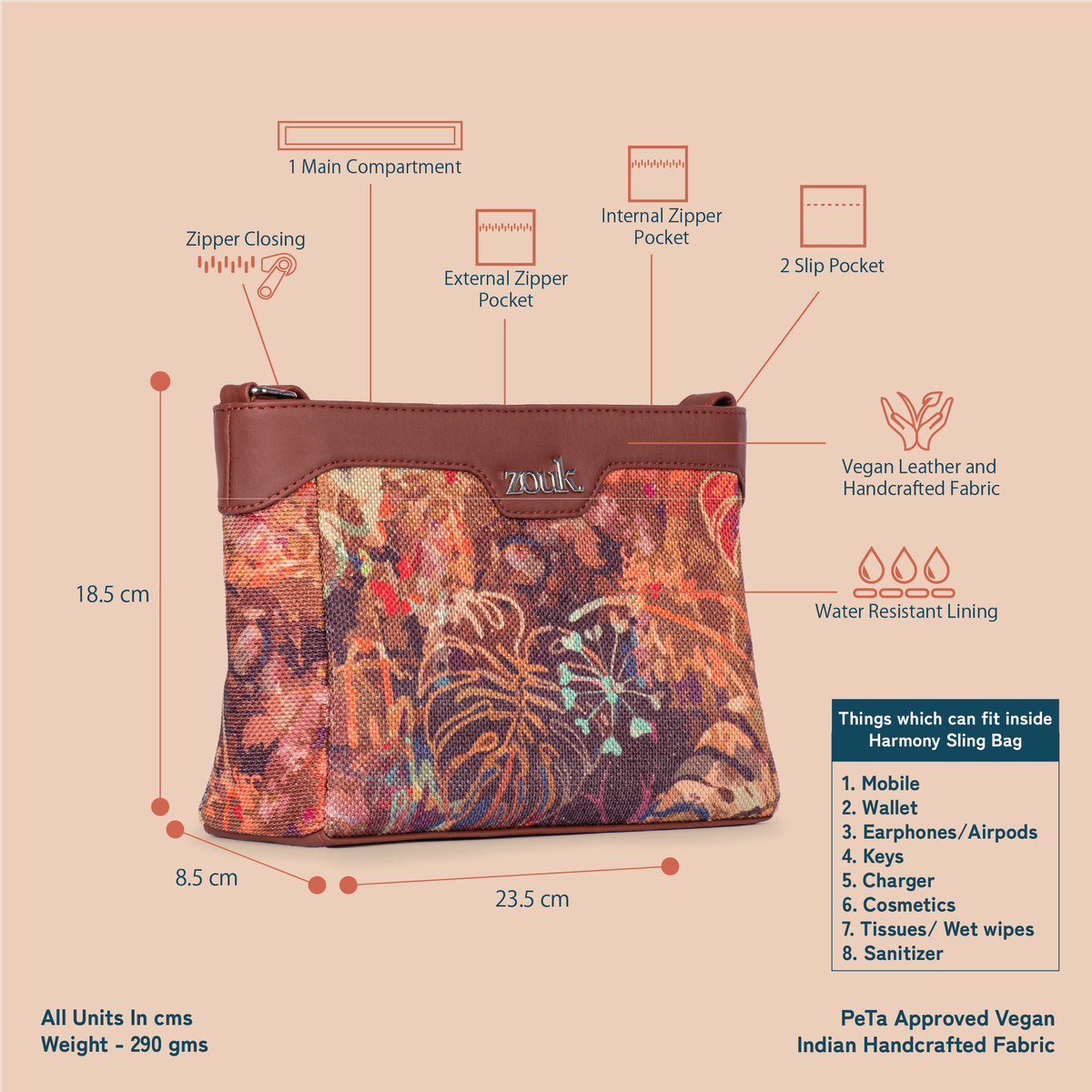 Zouk Women's Abstract Vegan Leather and Handcrafted Fabric 3.69 L Sling Bag | Multicolour