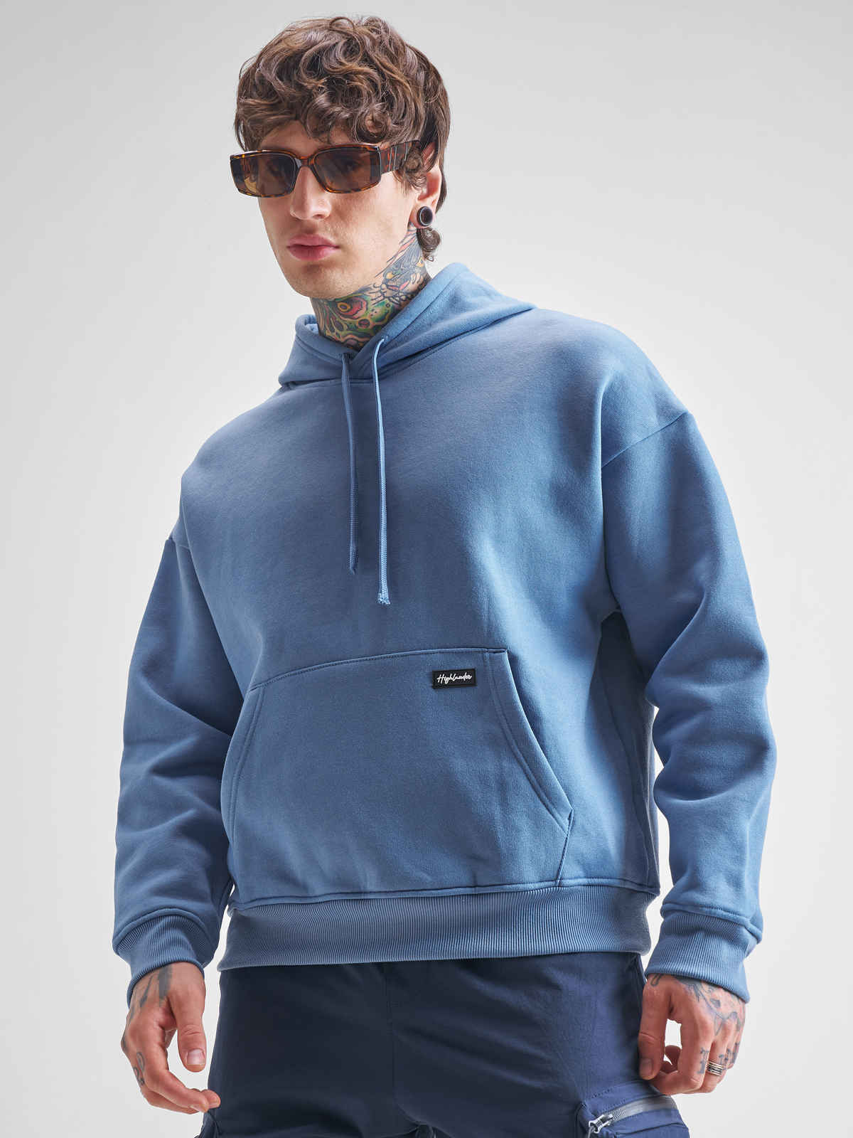 Highlander Men's Oversized Drop Shoulder Hooded Pullover Sweatshirt | Blue - XL
