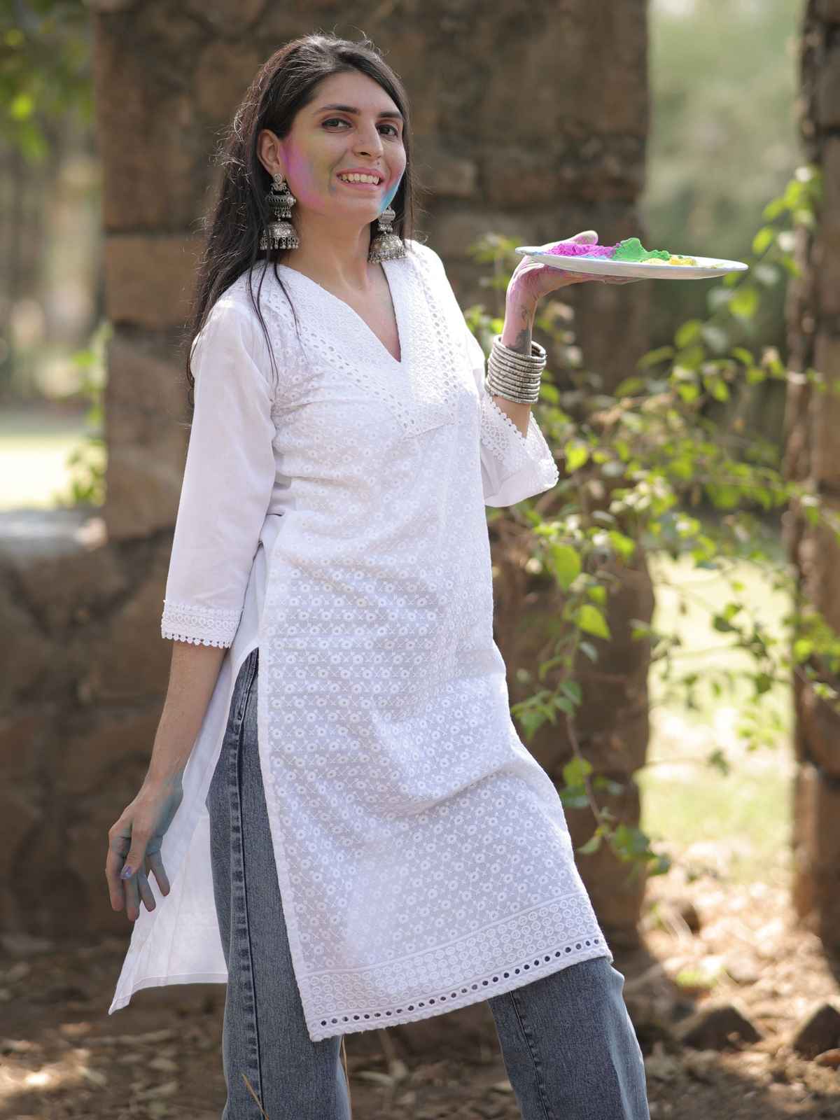 Youthnic Women's Pure Cotton Non Transparent Holi Kurta With Inseam | White - S