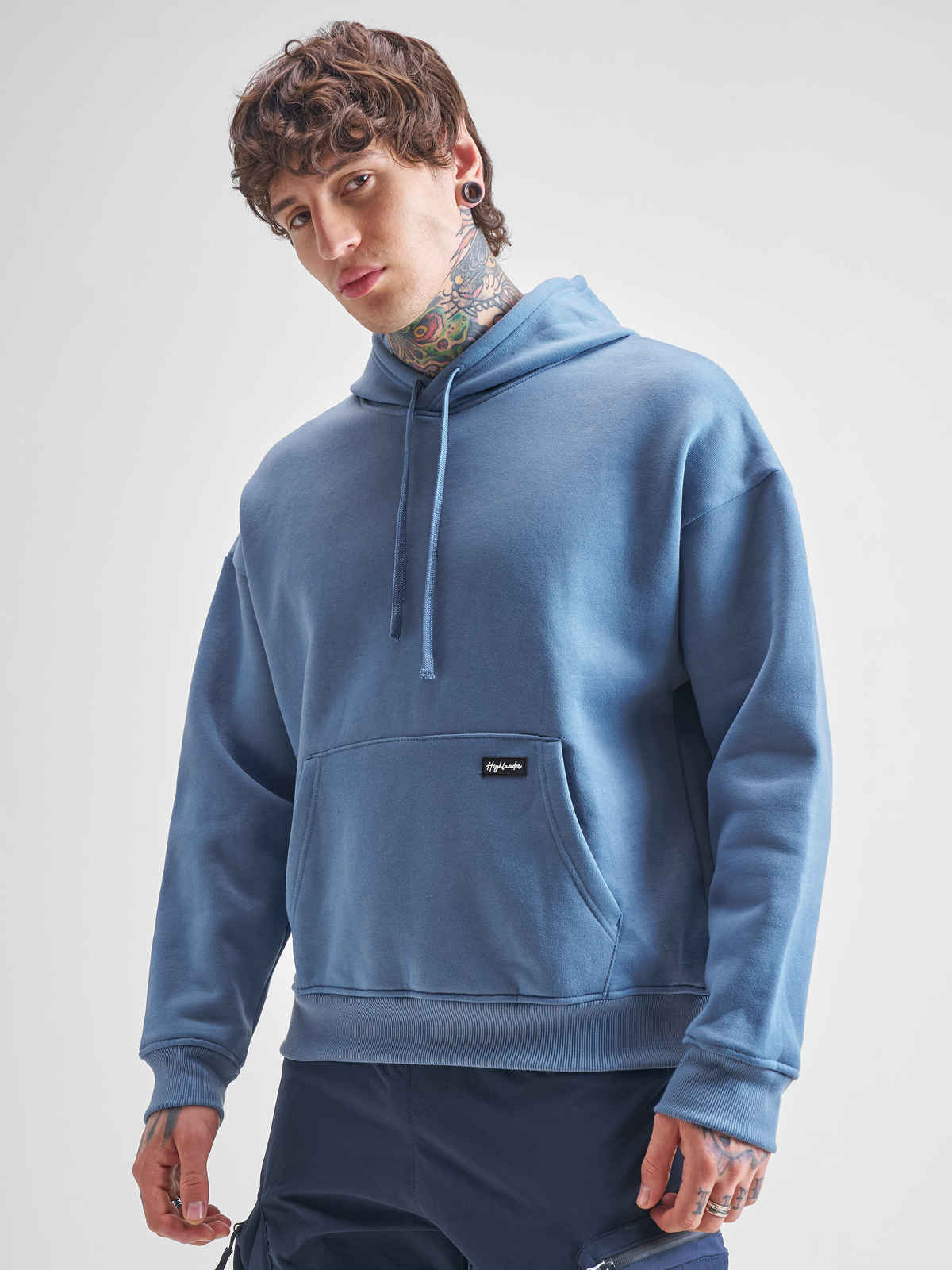 Highlander Men's Oversized Drop Shoulder Hooded Pullover Sweatshirt | Blue - L