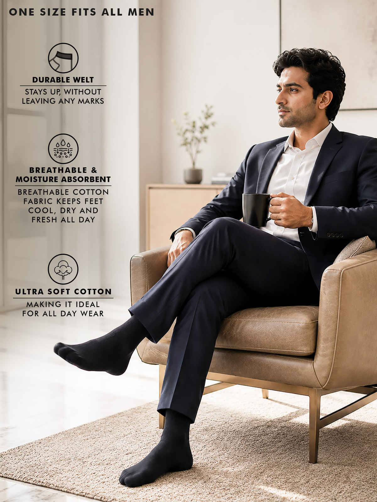 Supersox Men's Solid Combed Cotton Socks | Black - Free Size