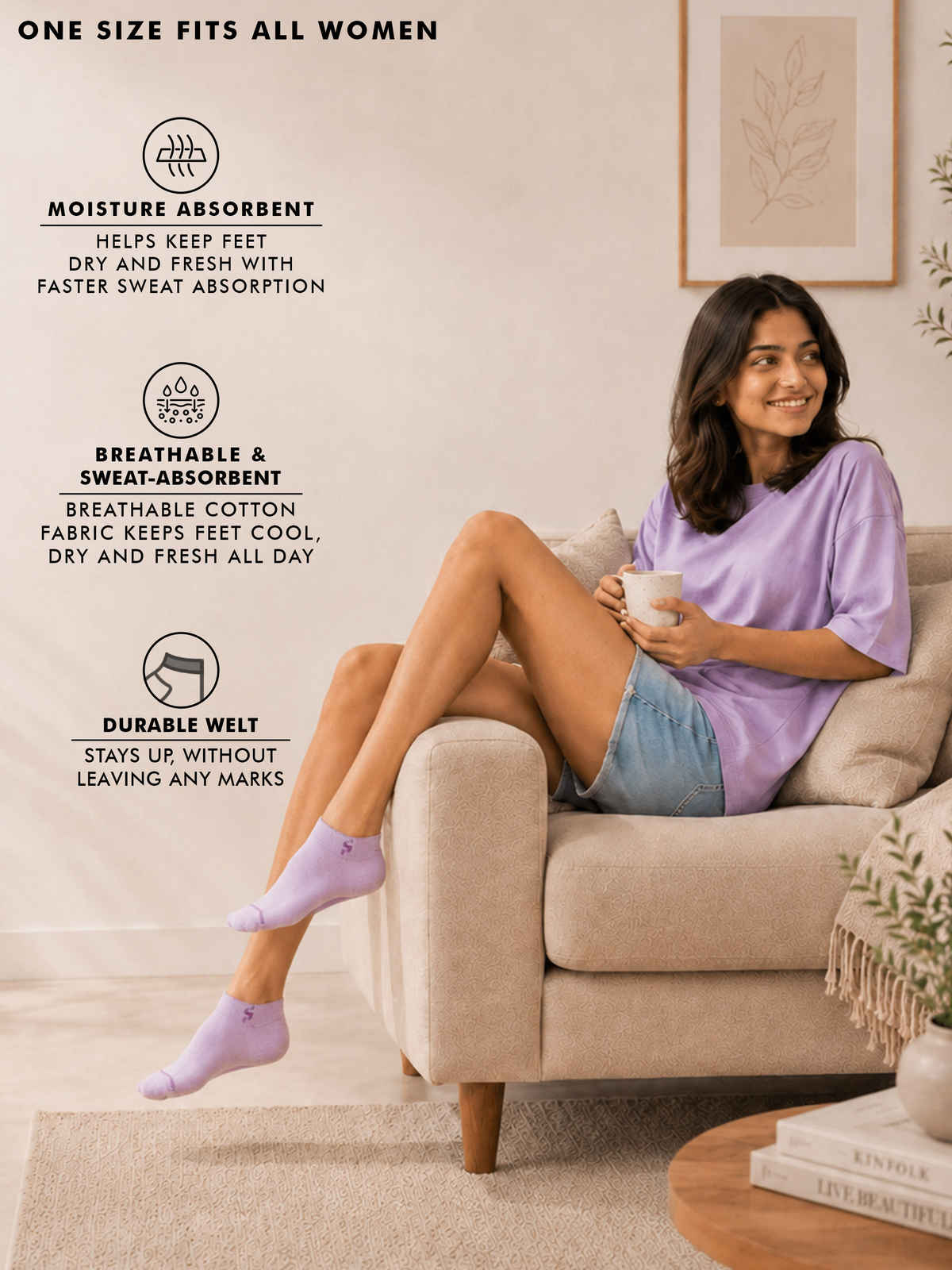 Supersox Women's Solid Combed Cotton Ankle Socks | Pastel - Free Size