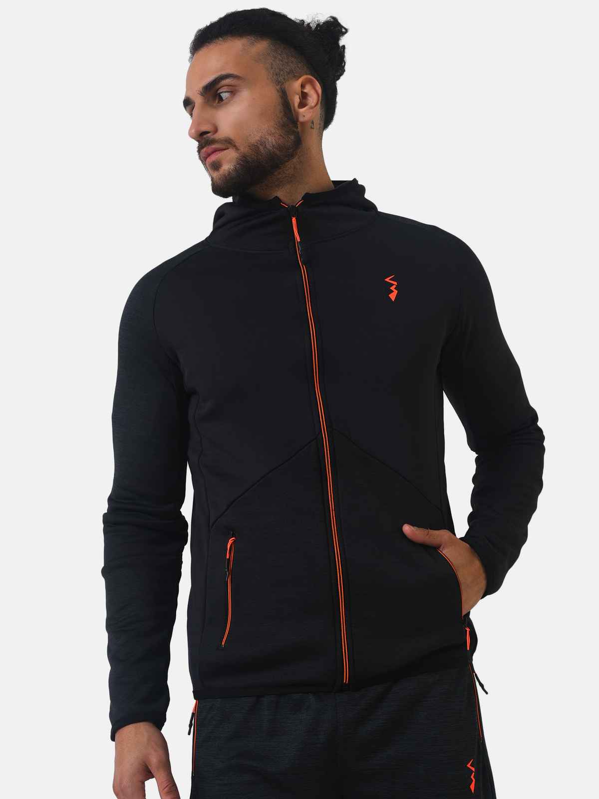 Campus Sutra Men's Zip - Front Activewear Hoodie With Reflective Detail | Black - S