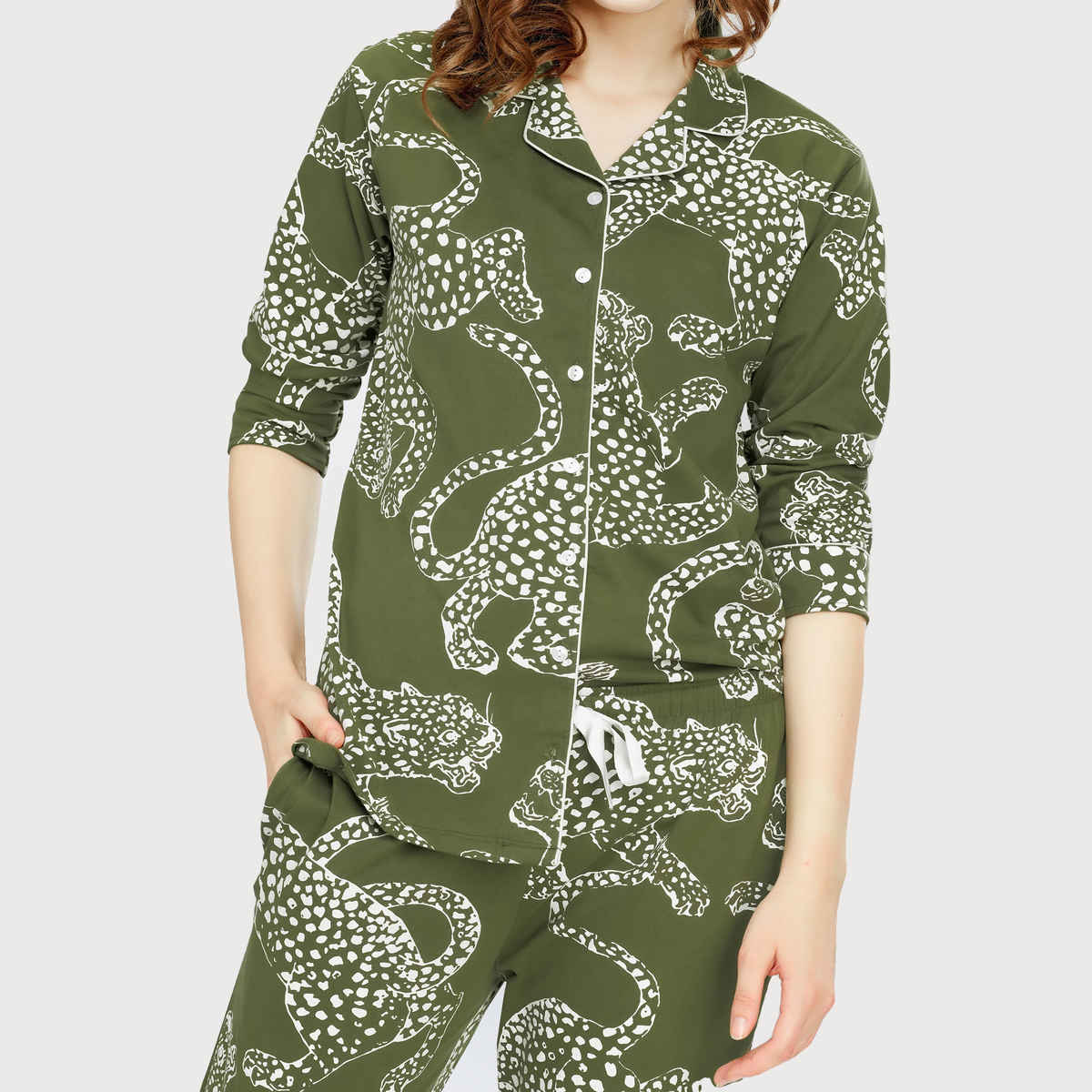 Zeyo Night Suit for Women Olive Leopard Printed Cotton Night Dress | Shirt & Pajama Set 5765-OL- L