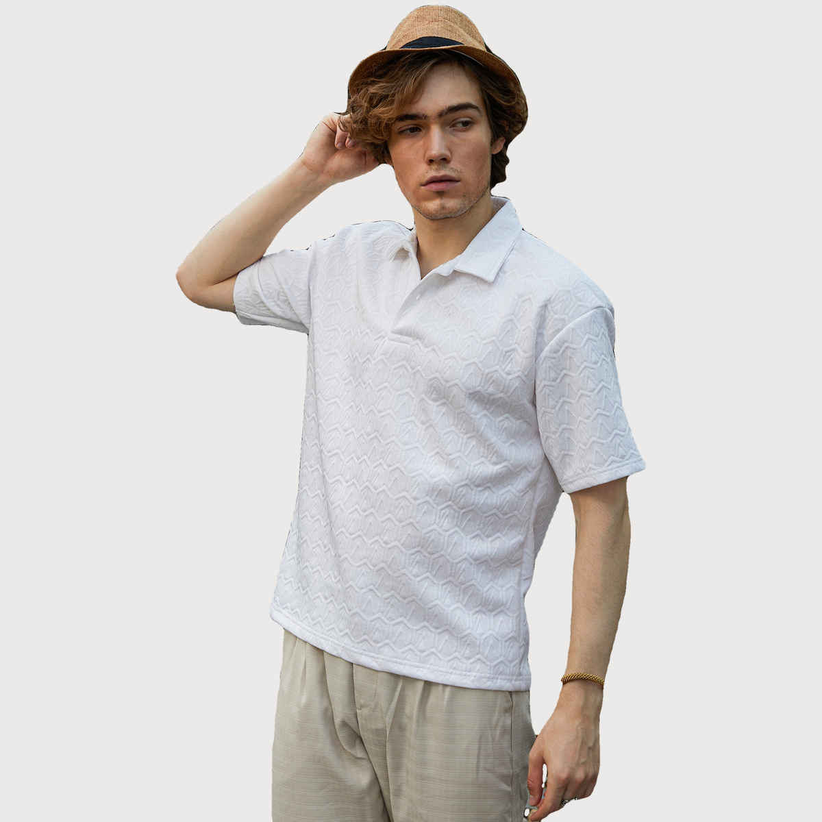 Campus Sutra Men's Zigzag - Tactile Polo T-shirt | Daisy White - XL