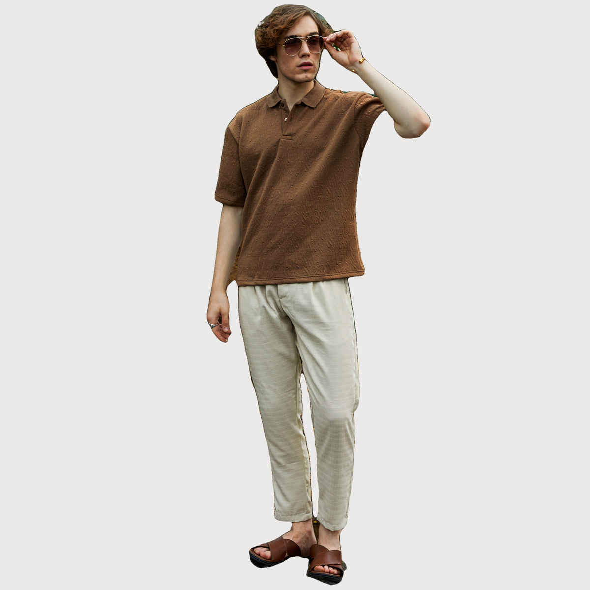 Campus Sutra Men's Ripple - Tactile Polo T-shirt | Chestnut Brown - S