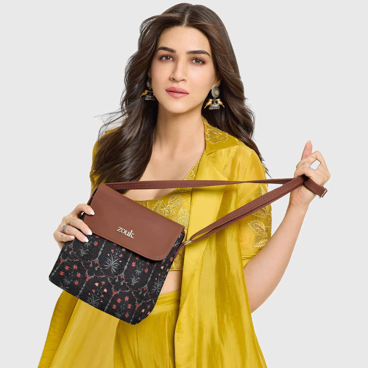 Zouk Women's Motifs Vegan Leather and Handcrafted Fabric 5.6 L Sling Bag | Multicolour - Free Size