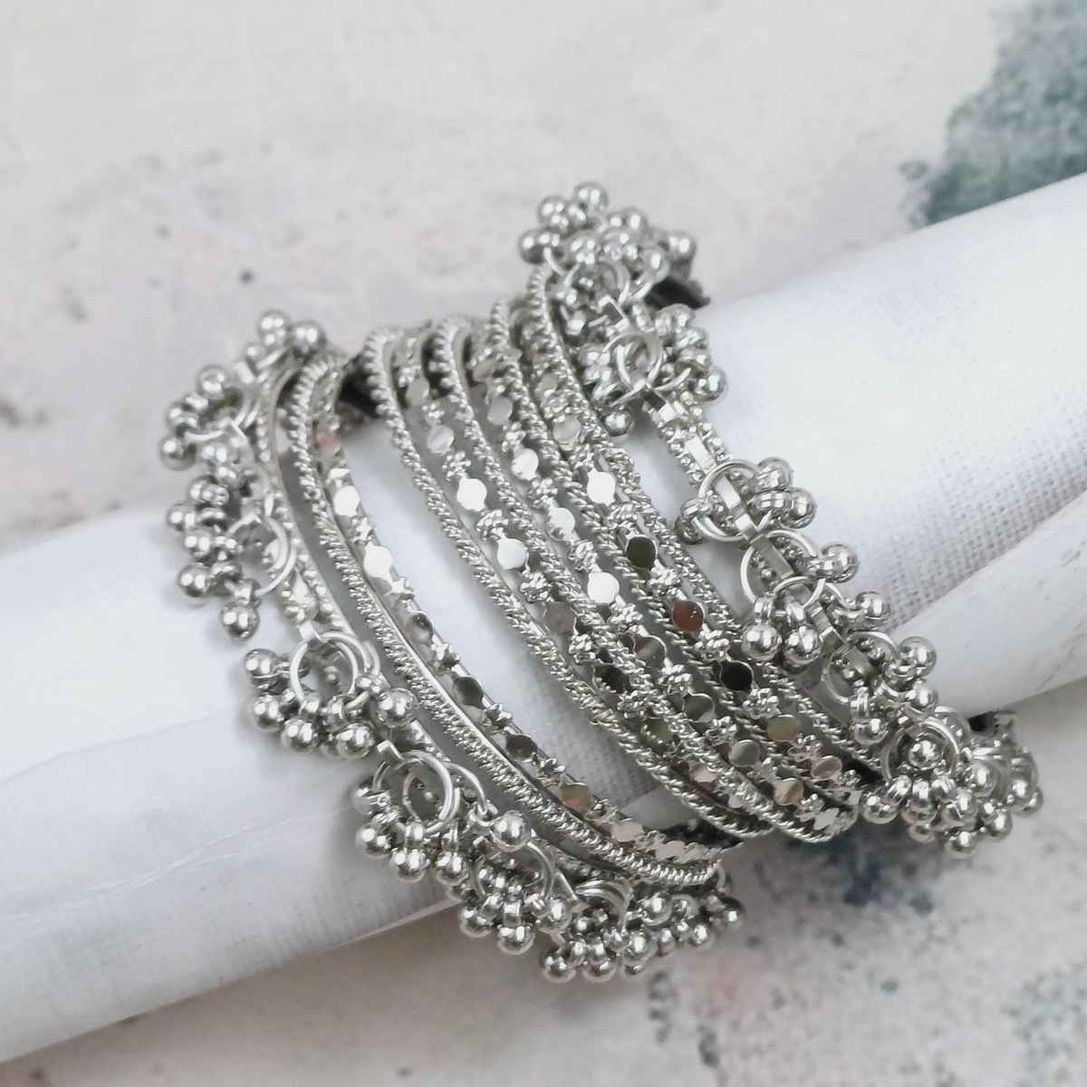 The Opal Factory Silver Oxidised Bangle Kada Set | Size 2.4 - S