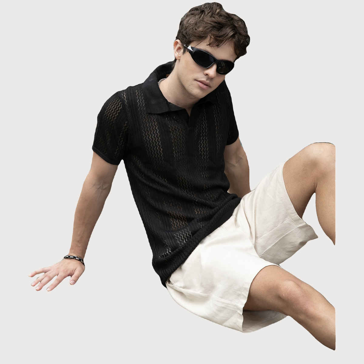 Campus Sutra Men's Chevron - Lined Textured Polo T-shirt | Onyx Black - S